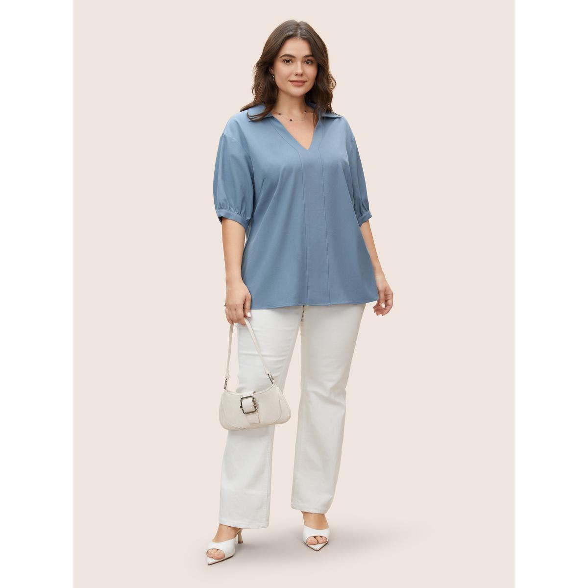Plus Size Stone Plain Lapel Collar Gathered Puff Sleeve Blouse Women Work From Home Half Sleeve V-neck Work Blouses BloomChic 26/4X Product Image