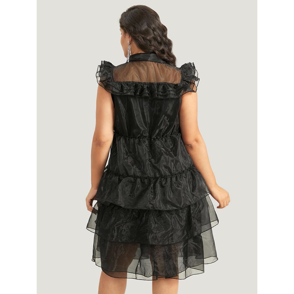 Plus Size Halloween Solid Mesh Layered Ruffle Wednesday Dress Black Women Glamour See through Shirt collar Sleeveless Curvy Midi Dress BloomChic 26/4X Product Image