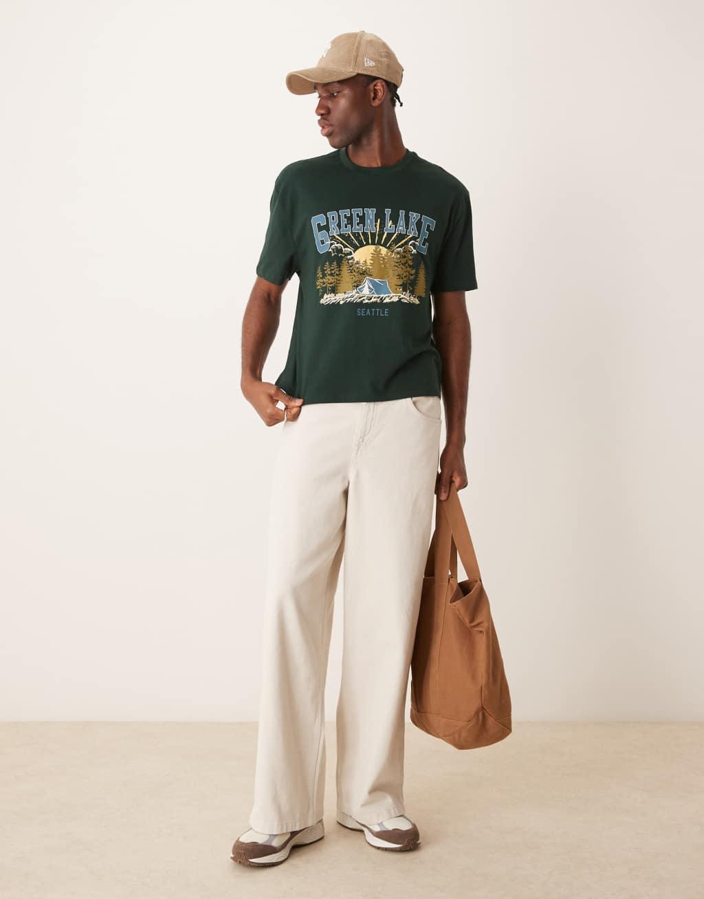 ASOS DESIGN relaxed t-shirt in green with scenic front print Product Image