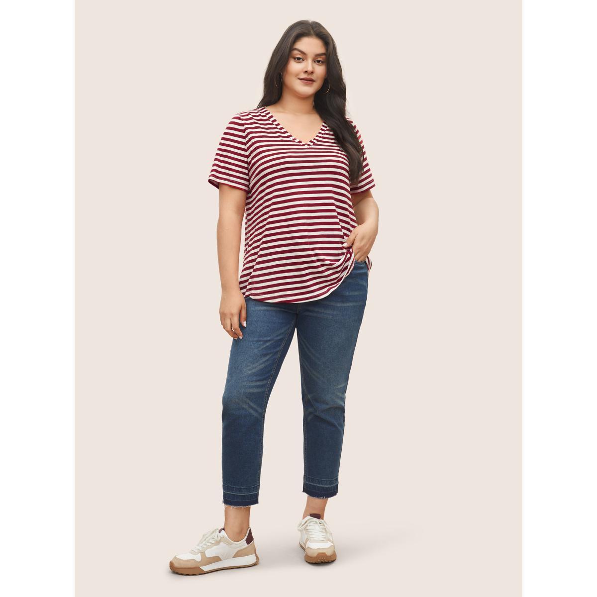 Plus Size Cotton Contrast Striped V Neck T-shirt Scarlet Women Casual Contrast Striped V-neck Everyday T-shirts BloomChic 26/4X Product Image