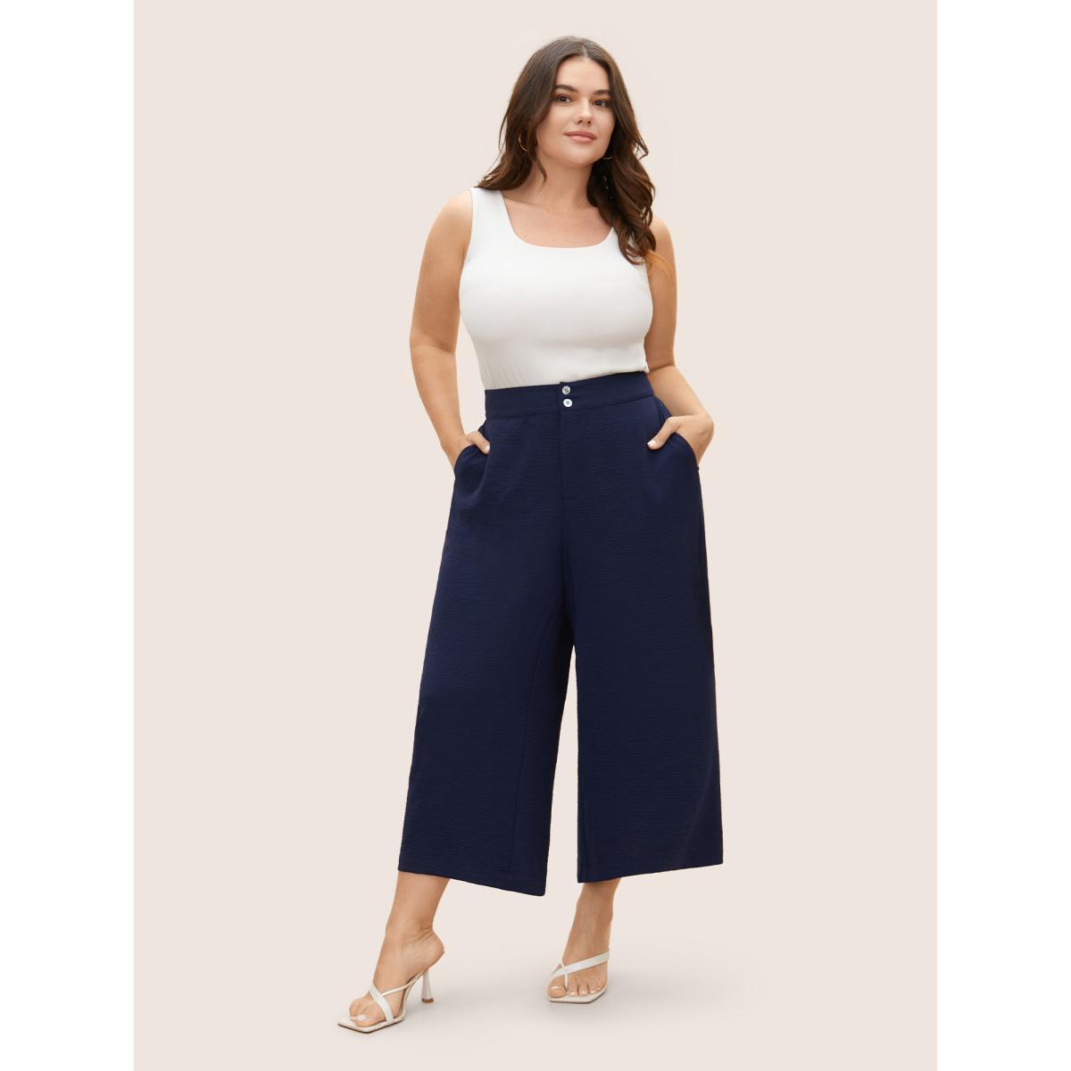 Plus Size Solid Button Up Gathered Wide Leg Pants Women Indigo Elegant Wide Leg Mid Rise Everyday Pants BloomChic 26/4X Product Image