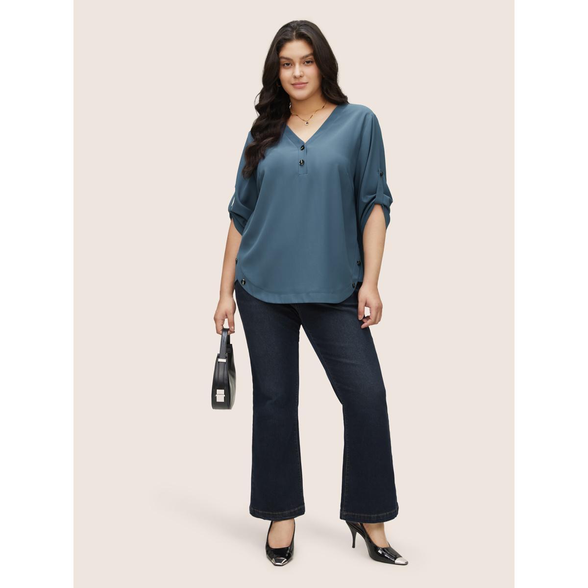 Plus Size Stone Anti-Wrinkle Button Detail Curved Hem Tab Sleeve Blouse Women Office Half Sleeve V-neck Work Blouses BloomChic 18-20/2X Product Image