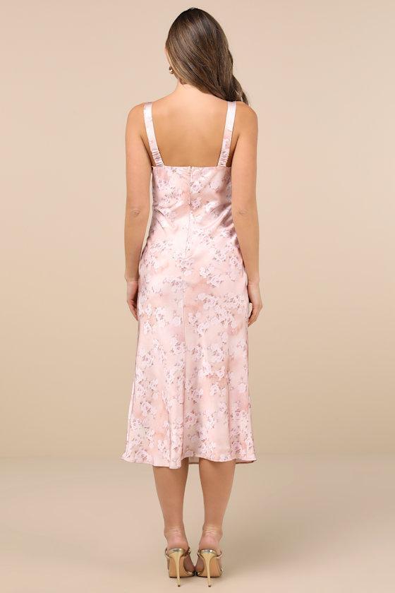 Sweet Brilliance Light Pink Floral Satin Slip Midi Dress Product Image