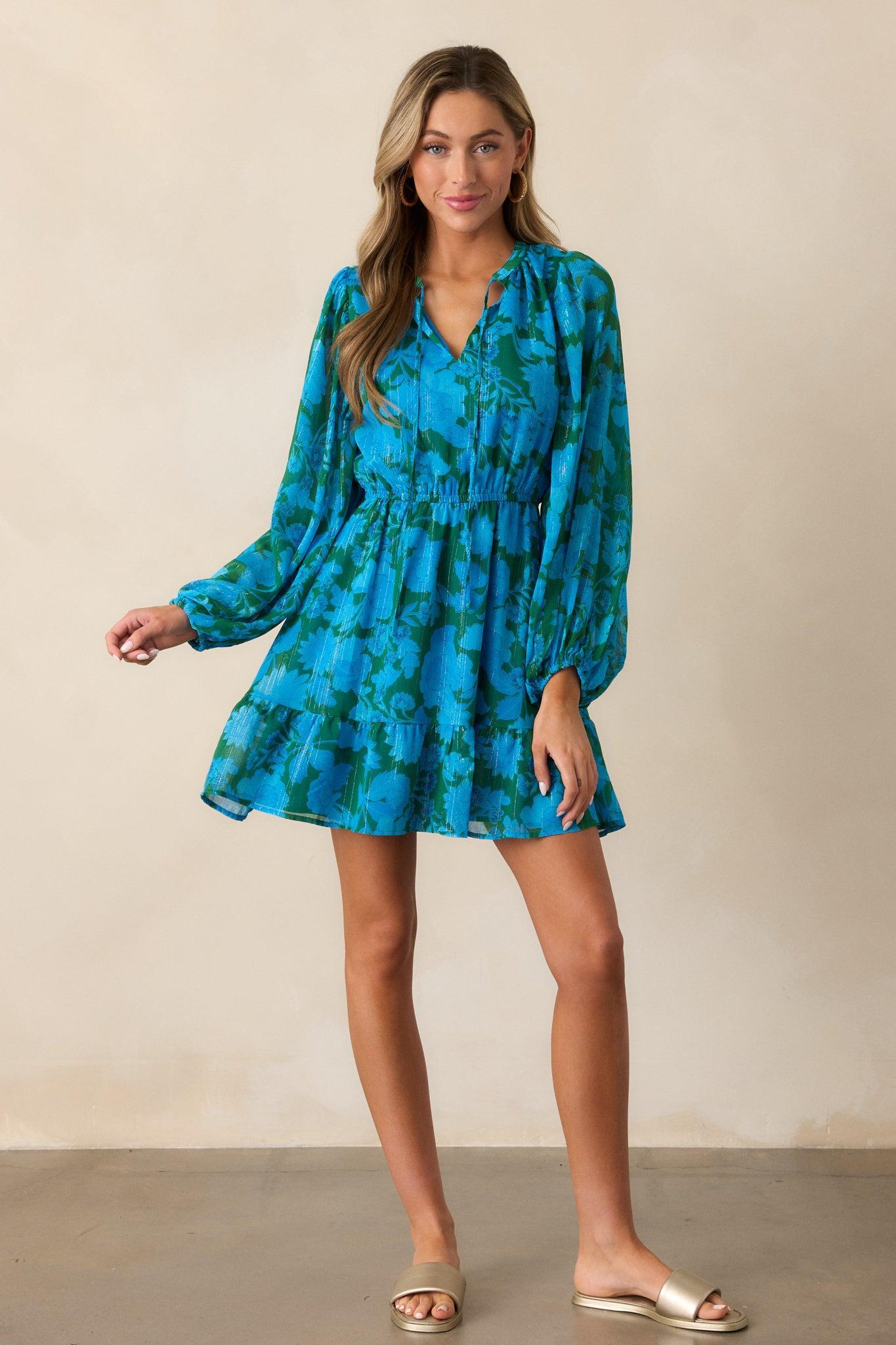 Soul On Fire Blue Floral Long Sleeve Mini Dress Product Image