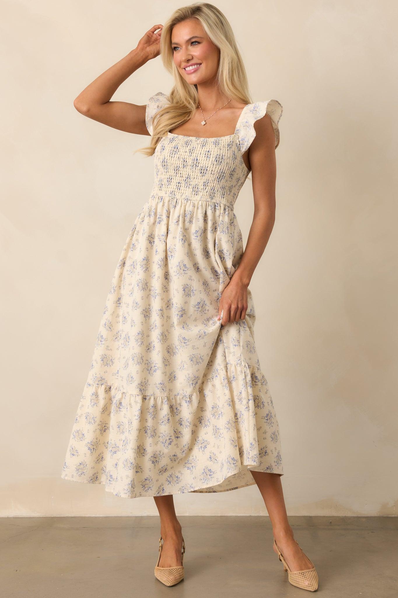 Blooming Brunch Cotton Beige Floral Flutter Sleeve Maxi Dress Product Image