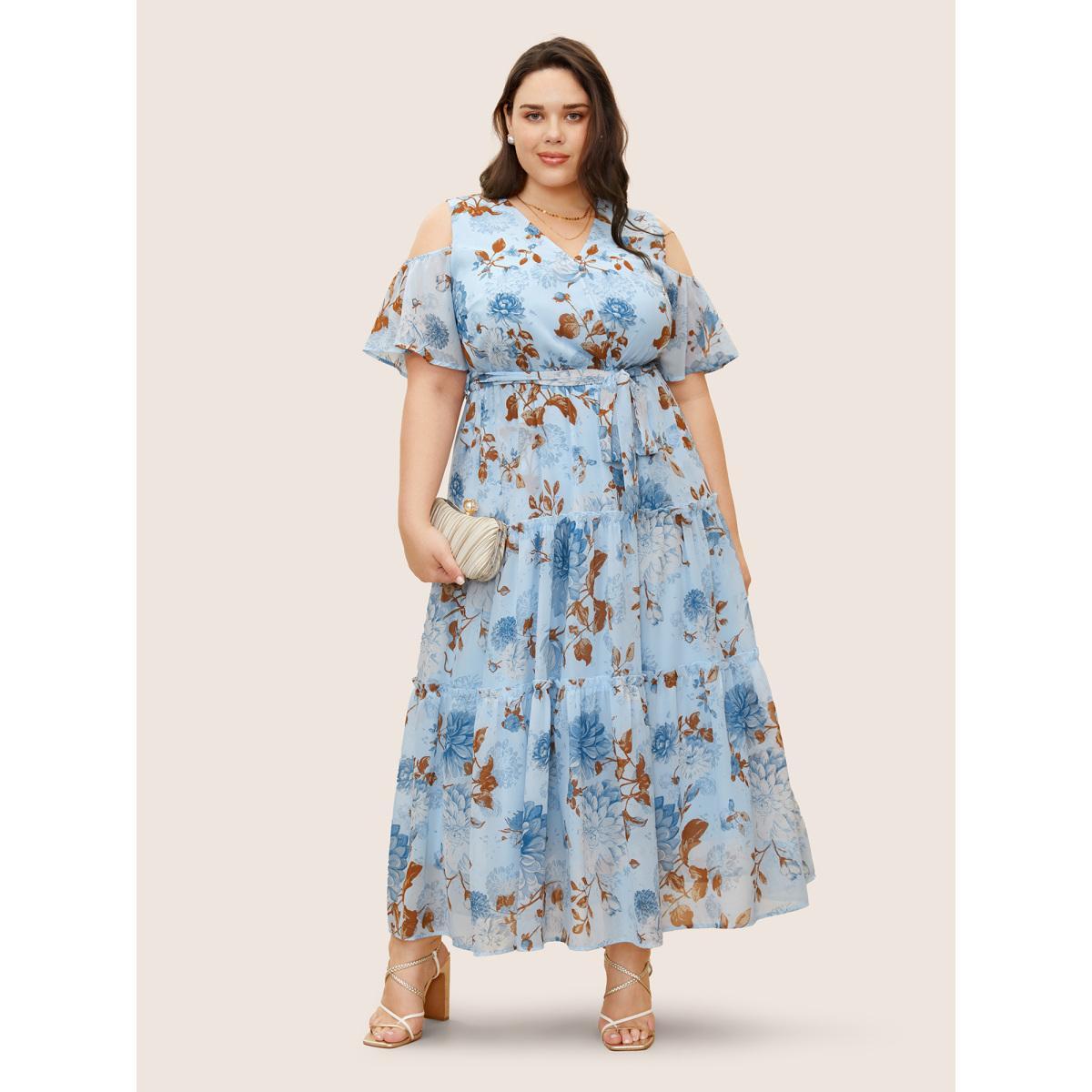 Plus Size Floral Wrap Mesh Ruffle Sleeve Dress LightBlue Women Formal V-neck Sleeveless Curvy BloomChic 26/4X Product Image