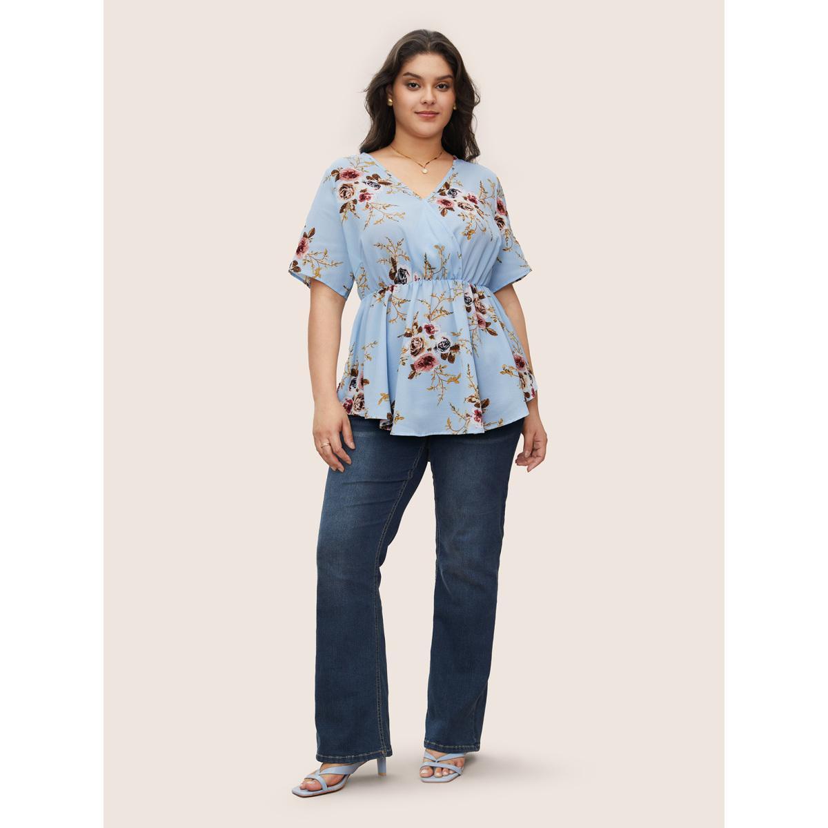 Floral Wrap Smocked Plus Size Women Casual Blouses Dailywear Ruffle Sleeve Short Sleeve V Neck Elegance Blouses BloomChic Product Image