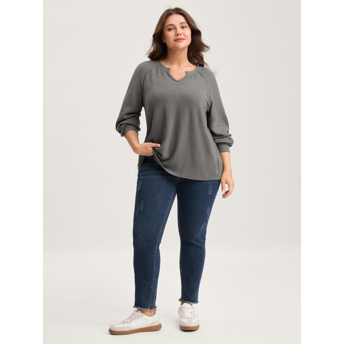 Plus Size Waffle Grid Notched Collar Lace Sweatshirt Women DimGray Woven ribbon&lace trim Flat collar with V-notch Everyday-Casual Sweatshirts BloomChic 14-16/1X Product Image
