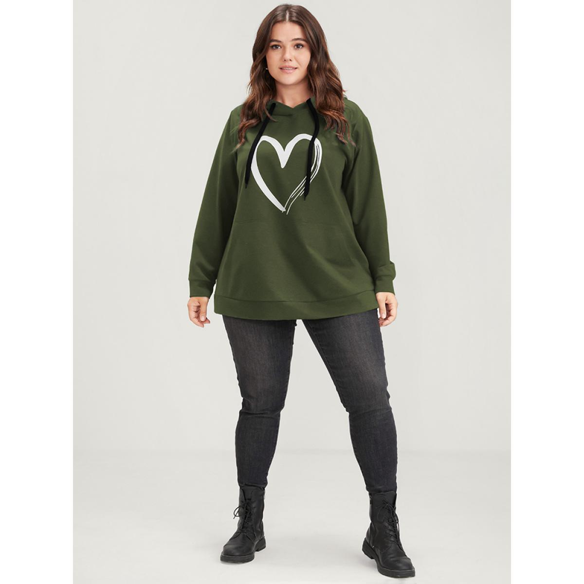 Plus Size Heart Print Drop Shoulder Pocket Drawstring Hooded Sweatshirt Women ArmyGreen Casual Plain Hooded Dailywear Sweatshirts BloomChic 30/6X Product Image