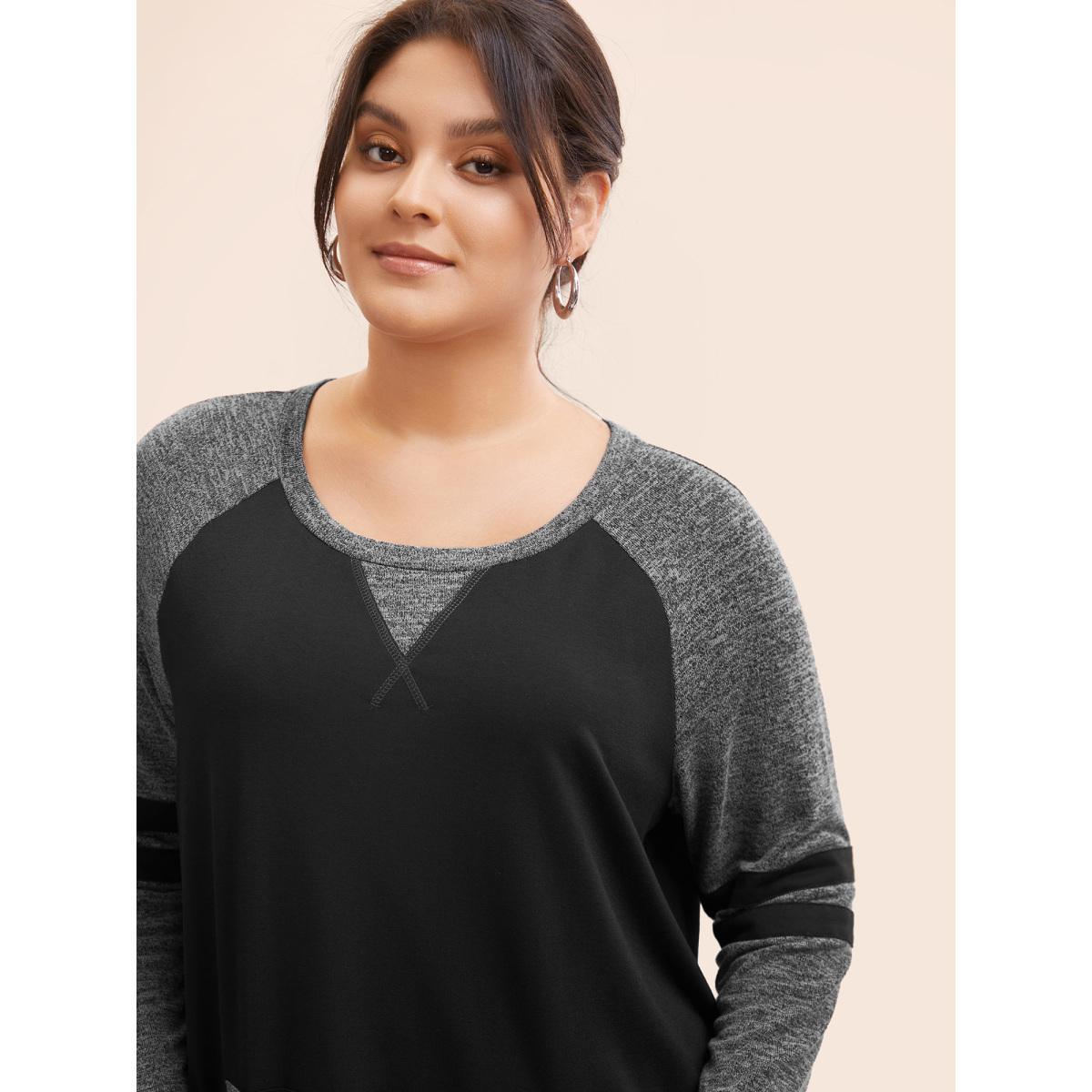 Plus Size Striped Contrast Pocket Raglan Sleeve High Low Hem Sweatshirt Women DarkBlue Casual Contrast Round Neck Everyday Sweatshirts BloomChic 22-24/3X Product Image