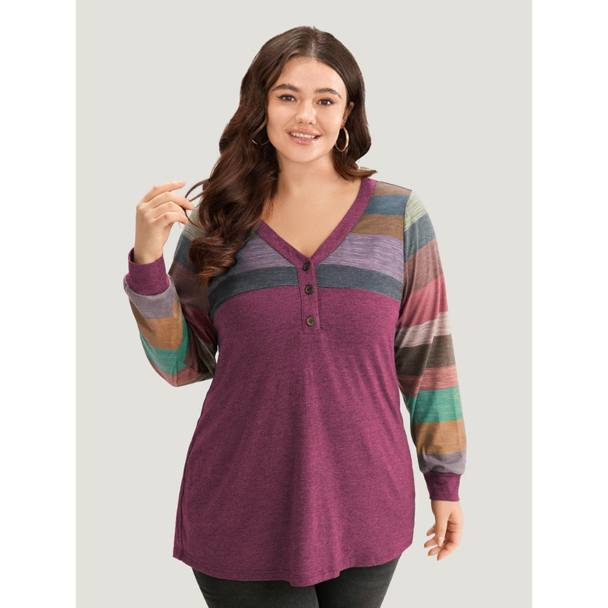 Plus Size Colorblock Contrast V Neck Button Up T-shirt Russet Women Casual Elastic cuffs Striped V-neck Everyday T-shirts BloomChic 12/L Product Image