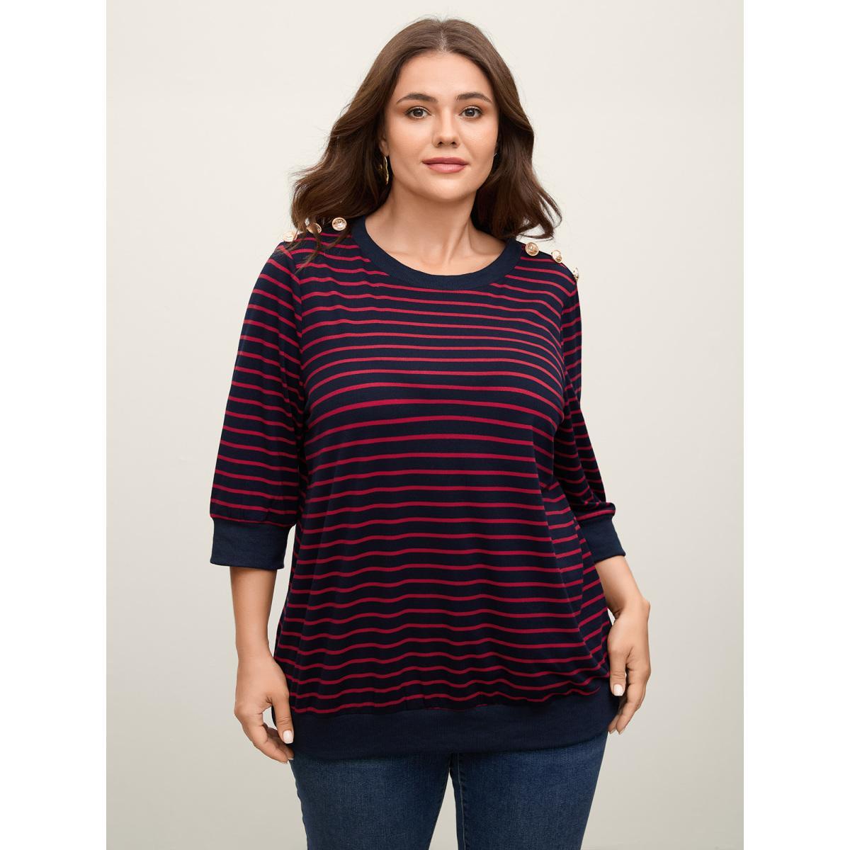 Plus Size Striped Three-Quarter Sleeve Sweatshirt Women Indigo Contrast Round Neck Work Sweatshirts BloomChic 10/M Product Image
