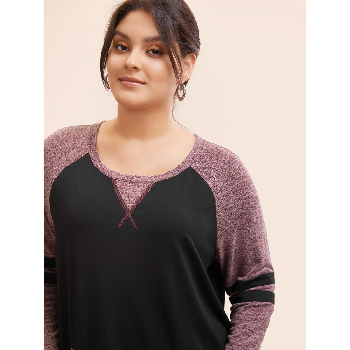 Plus Size Striped Contrast Pocket Raglan Sleeve High Low Hem Sweatshirt Women DarkBlue Casual Contrast Round Neck Everyday Sweatshirts BloomChic 22-24/3X Product Image
