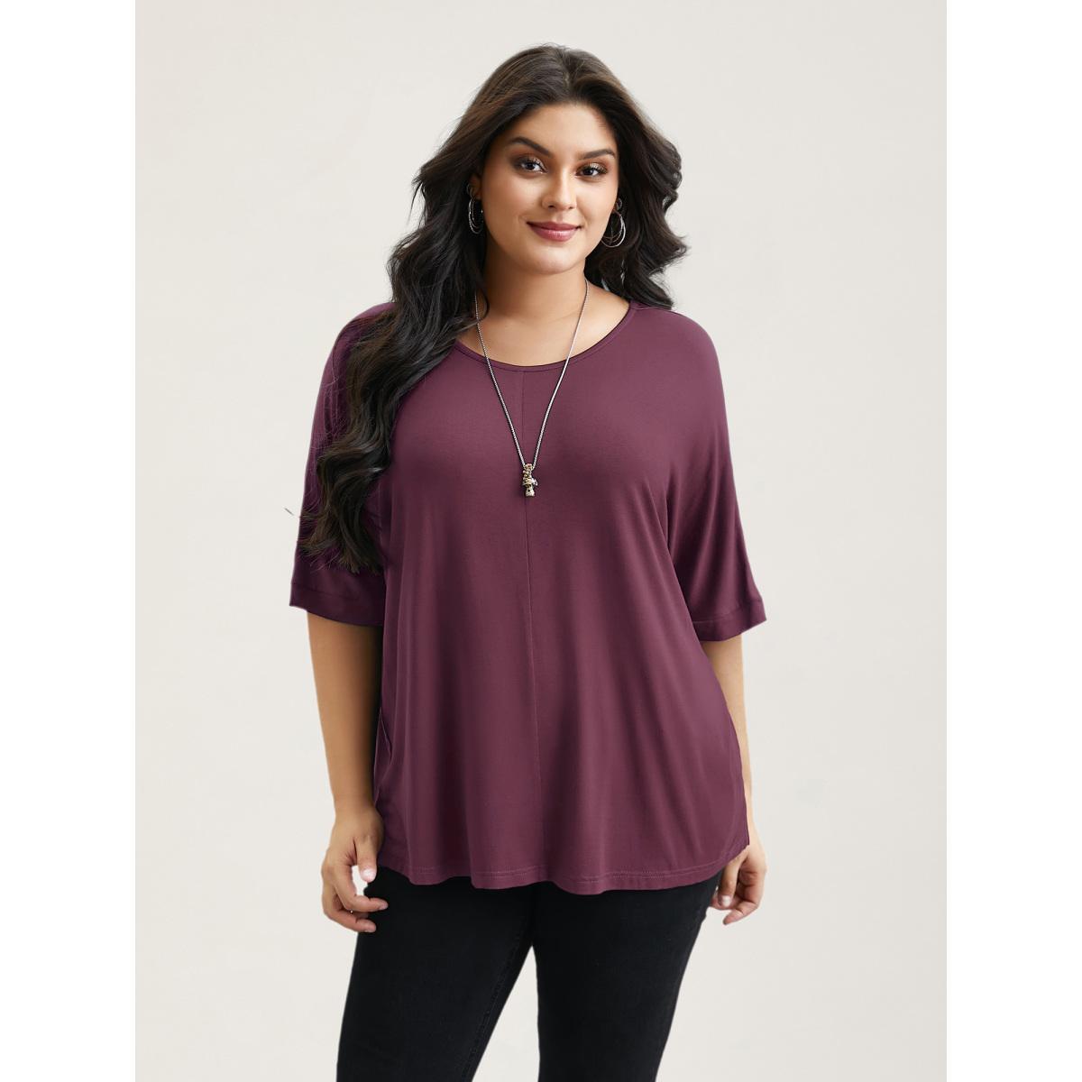 Plus Size Supersoft Round Neck Plain T-Shirt Scarlet Women Casual Non Round Neck Everyday T-shirts BloomChic 28/5X Product Image