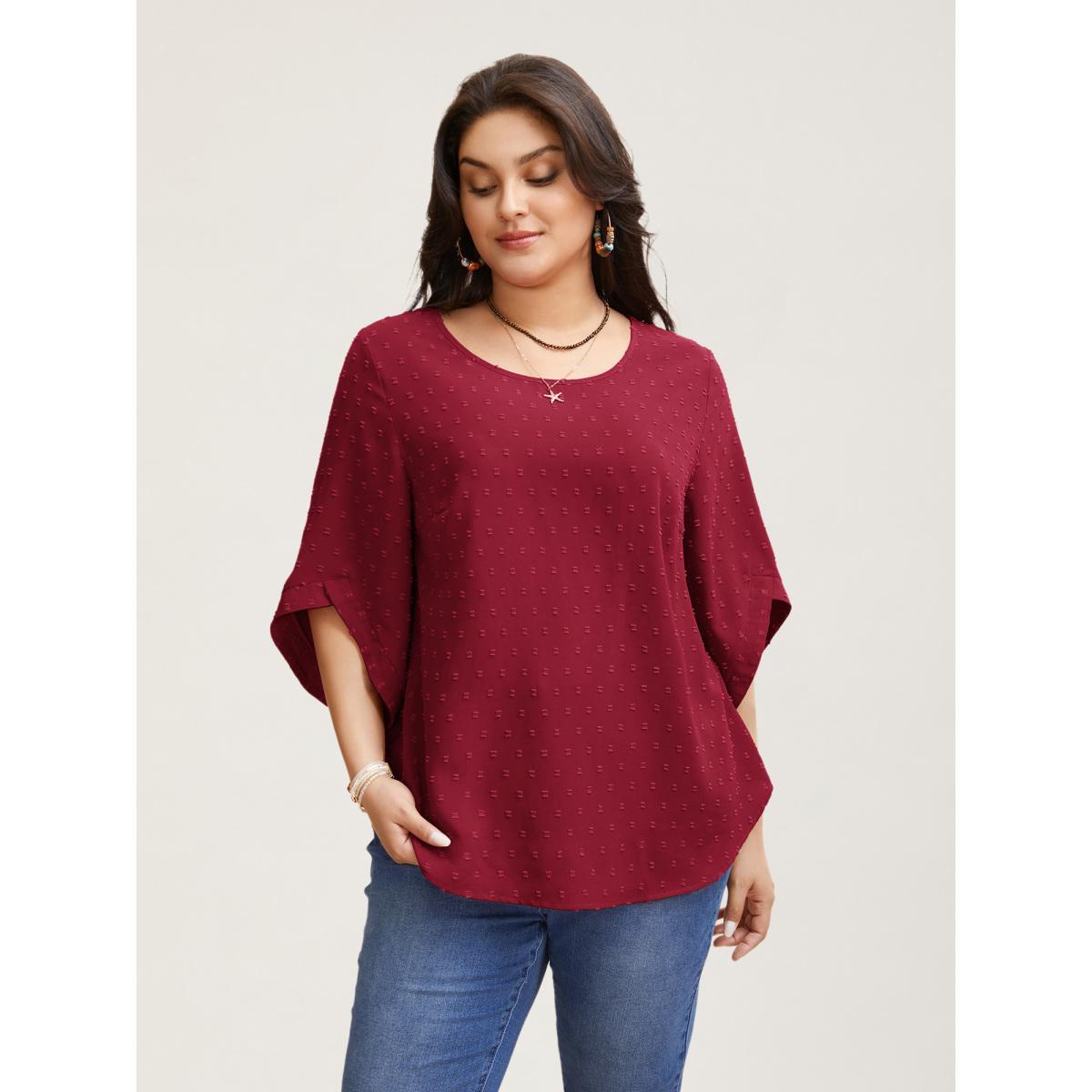 Plus Size Deepred Textured Round Neck Bell Sleeve Blouse Women Elegant Elbow-length sleeve Round Neck Everyday Blouses BloomChic 14-16/1X Product Image