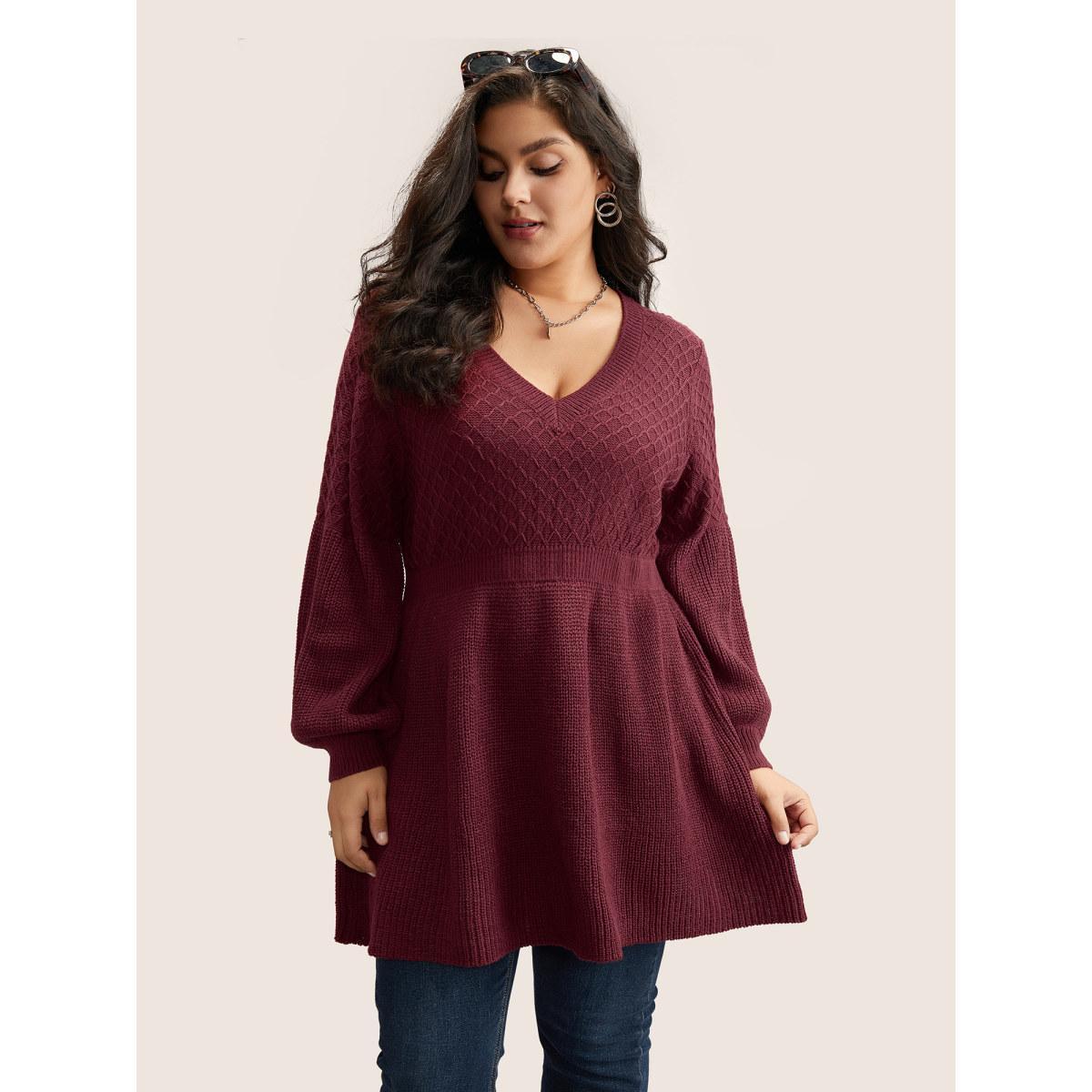 Plus Size Plain Plisse Lantern Sleeve A Line Pullover Moss Women Elegant Long Sleeve V-neck Everyday Pullovers BloomChic 10/M Product Image