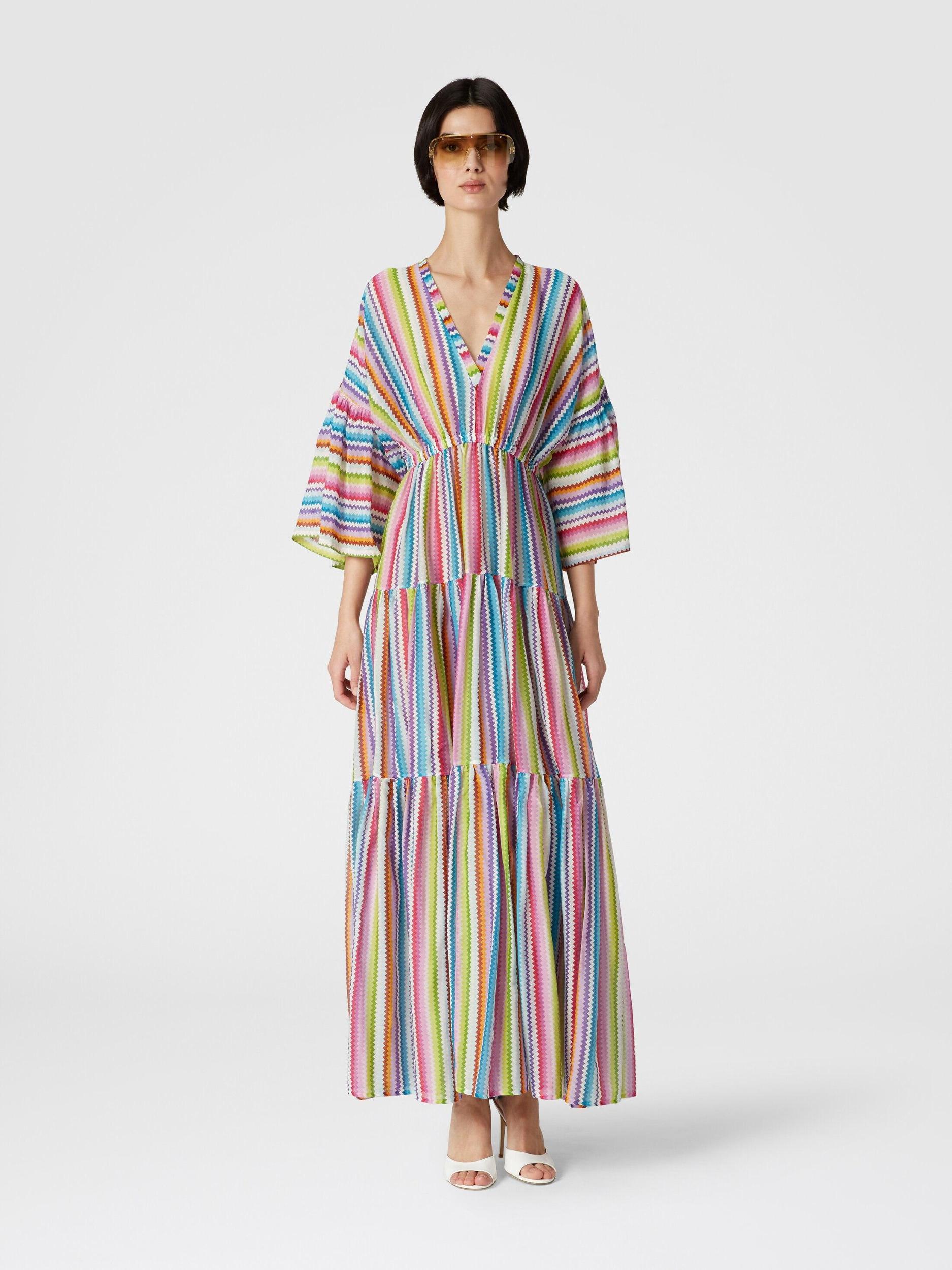 Long cover-up dress with flounces and zig zag print Product Image