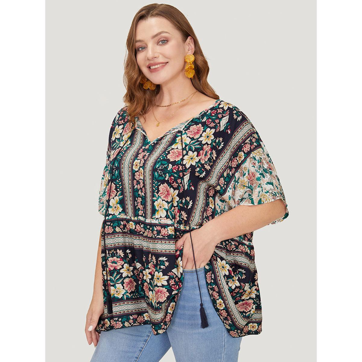 Plus Size Midnight Bandana Print Tie Neck Tassels Batwing Sleeve Blouse Women Vacation Short sleeve Tie Neck Dailywear Blouses BloomChic 18-20/2X Product Image