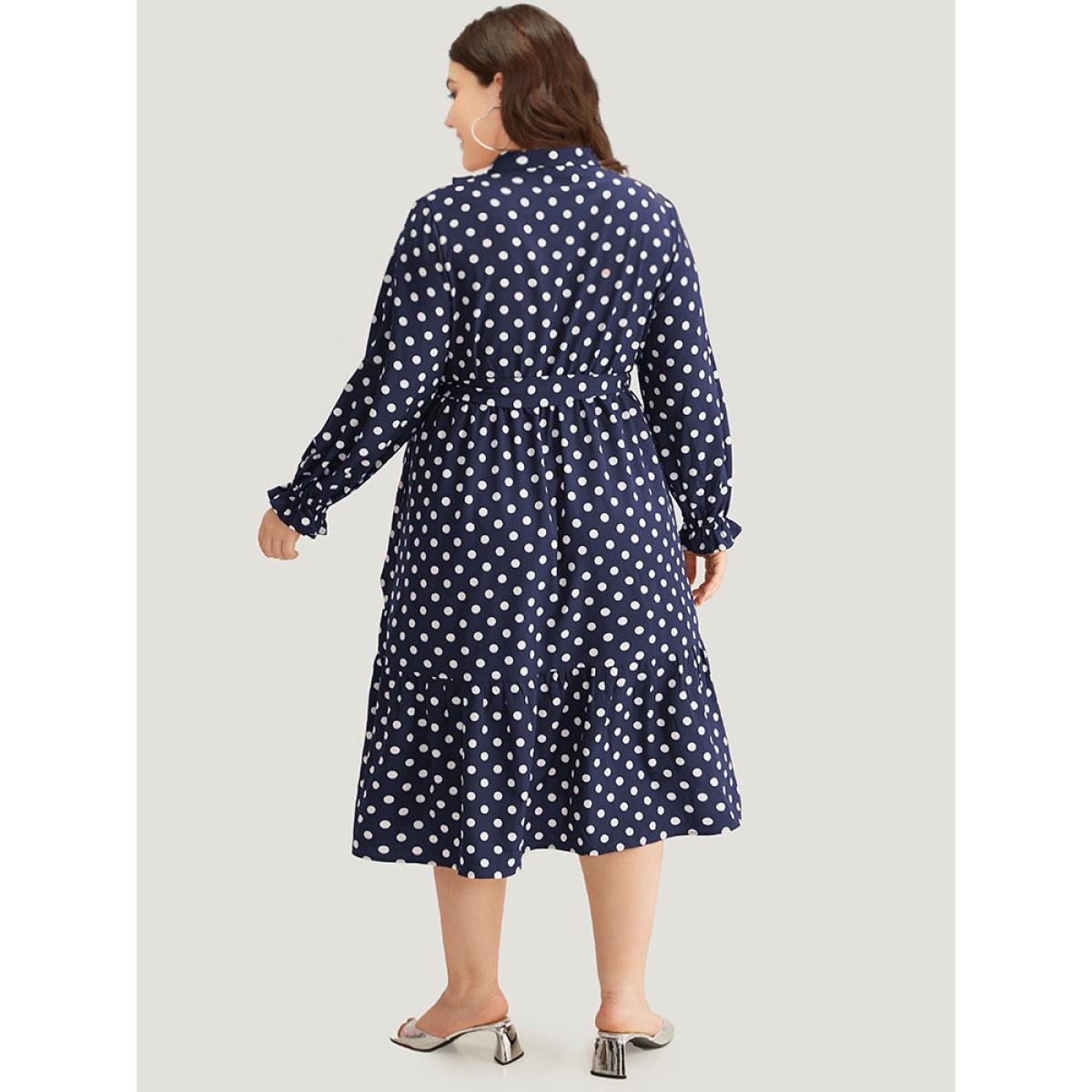 Plus Size Polka Dot Ruffle Trim Belted Lace Up Dress Indigo Women Office Belted Tie Neck Long Sleeve Curvy Midi Dress BloomChic 18-20/2X Product Image