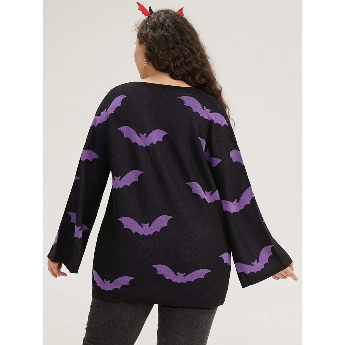 Plus Size Halloween V Neck Bell Sleeve Pullover Mauve Women Casual Loose Long Sleeve V-neck Dailywear Pullovers BloomChic 30/6X Product Image