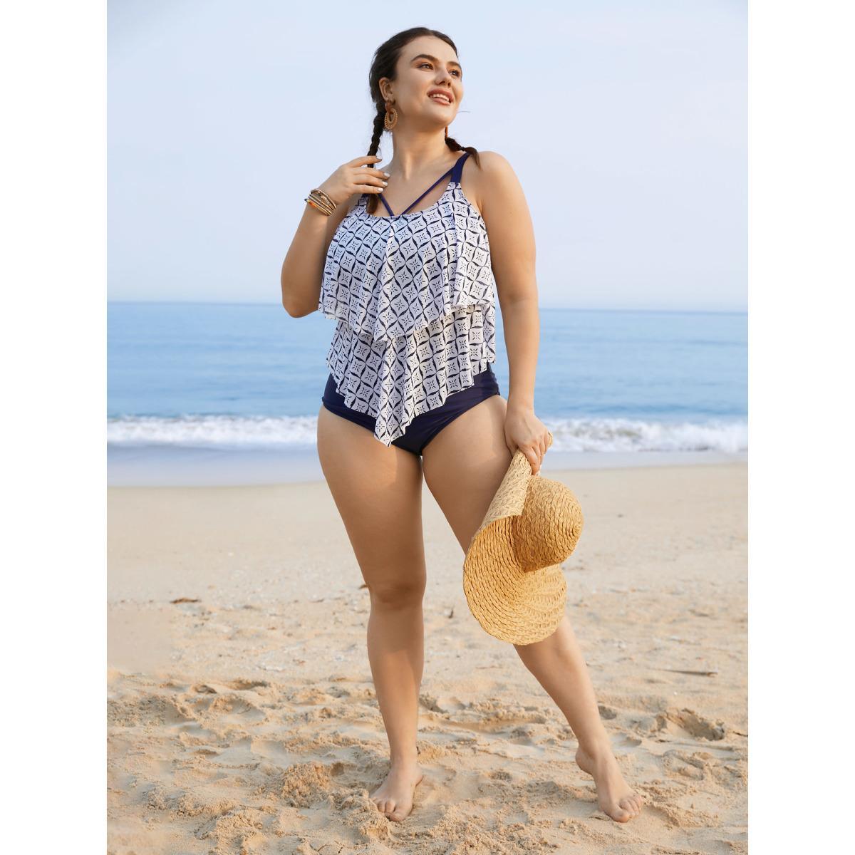 Plus Size Geometric Tiered Ruffles One Piece Swimsuit Women's Swimwear WhiteSmoke Beach Gathered Curve Bathing Suits High stretch One Pieces BloomChic 12/L Product Image