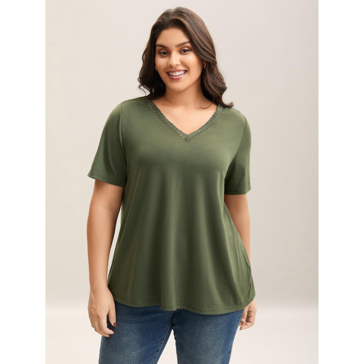 Plus Size Stretchy Floral Back Cut-Out T-Shirt ArmyGreen Women Elegant Woven ribbon&lace trim V-neck Everyday T-shirts BloomChic 30/6X Product Image