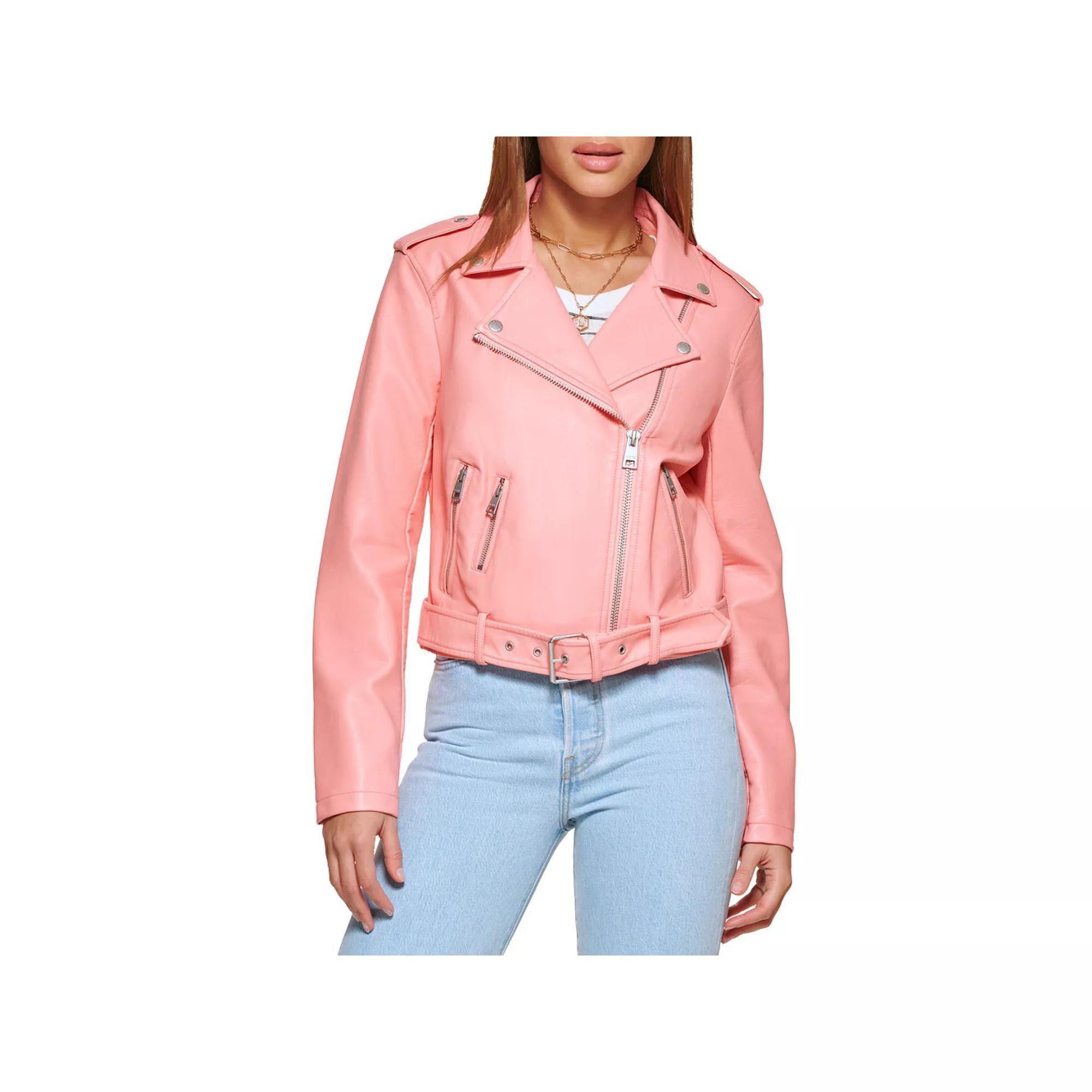 Womens Levis Belted Faux Leather Motorcycle Jacket Pink Product Image