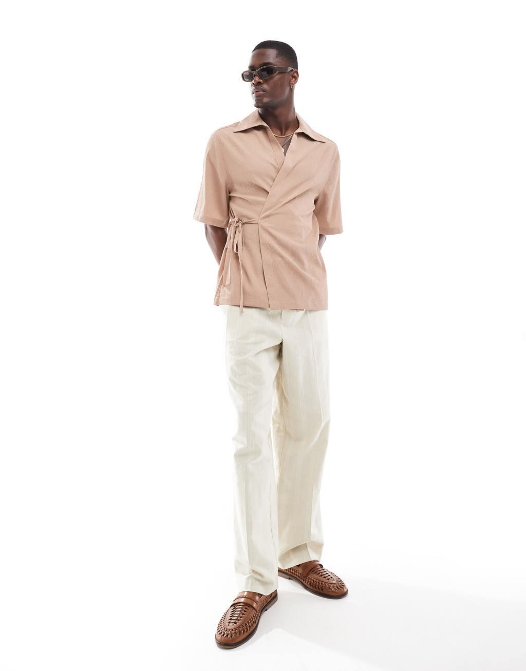 ASOS DESIGN relaxed wraparound textured shirt in dusty pink Product Image