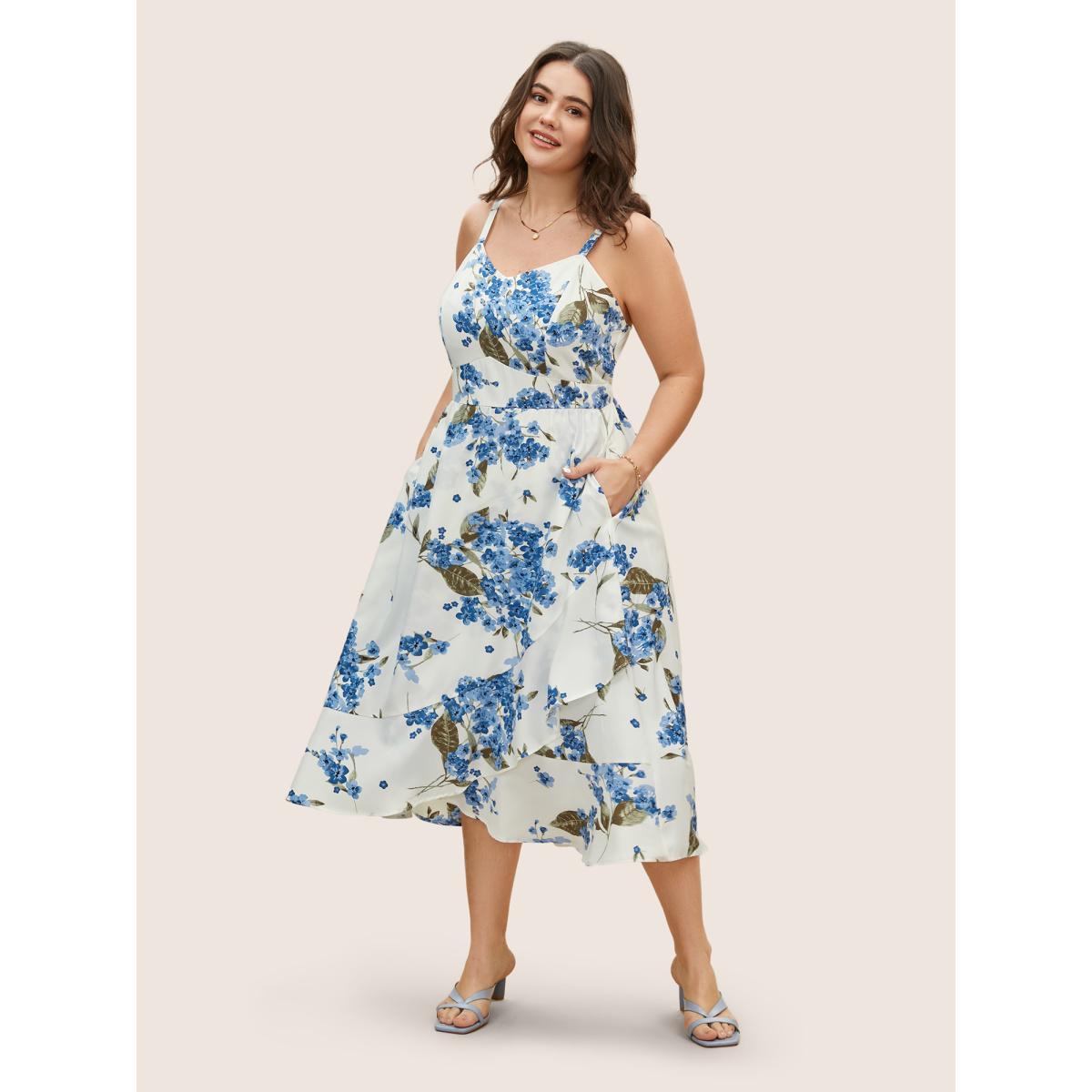 Plus Size Floral Print Ruffles Elastic Waist Cami Dress Mediumblue Women Elegant Non Sleeveless Curvy BloomChic 14-16/1X Product Image