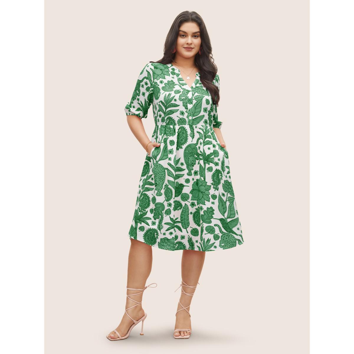 Plus Size Plants & Animal Print Notched Lantern Sleeve Dress Yellow Women Resort Non Notched collar Short sleeve Curvy Midi Dress BloomChic 18-20/2X Product Image