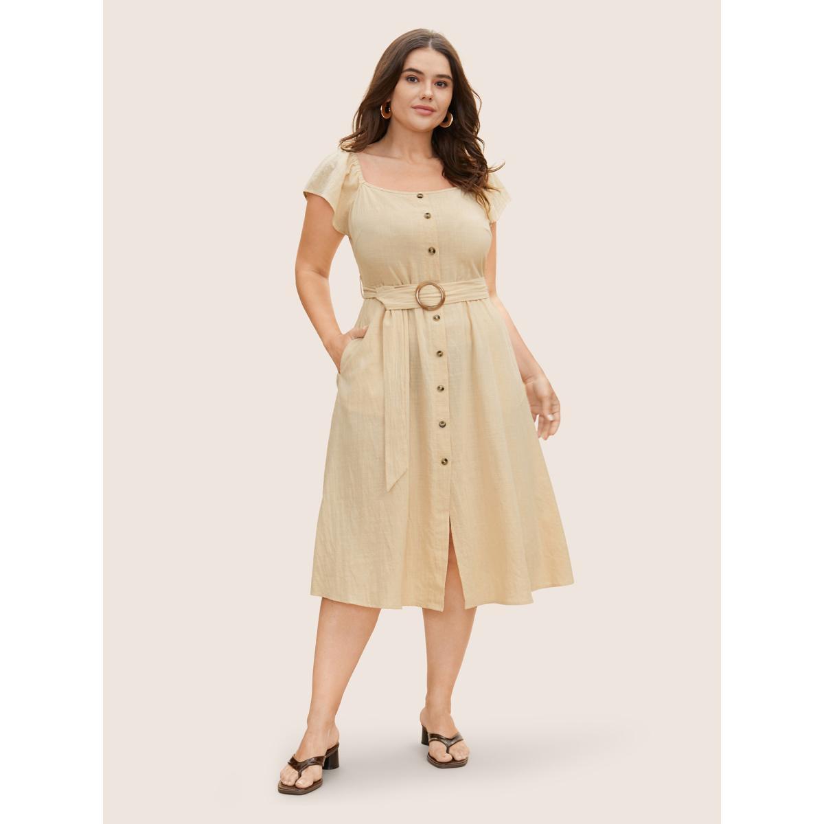 Plus Size Cotton Solid Buckle Detail Ruffle Cap Sleeve Dress Beige Women Casual Belted Square Neck Cap Sleeve Curvy BloomChic 30/6X Product Image