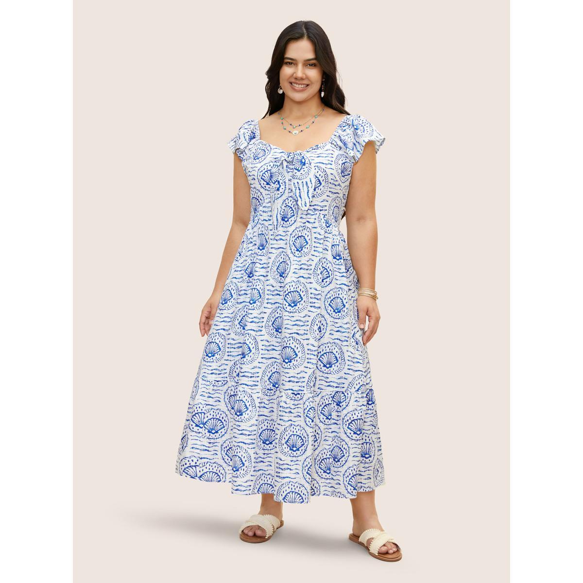 Plus Size Marine Elements Ruffles Tie Knot Maxi Dress LightBlue Women Resort Tie knot Heart neckline Cap Sleeve Curvy BloomChic 14-16/1X Product Image