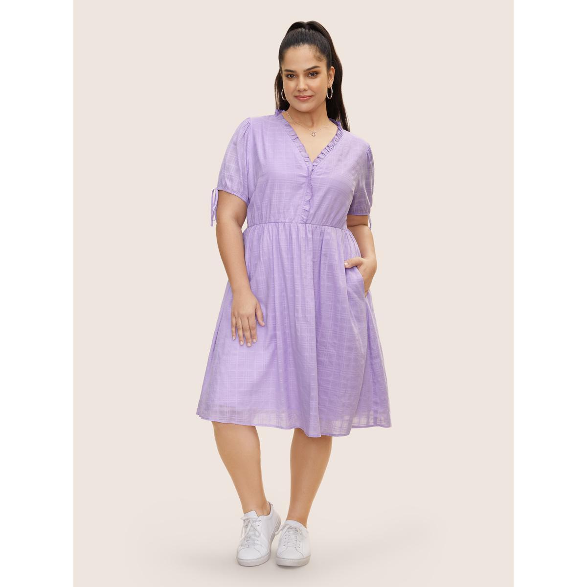 Plus Size Plaid Drawstring Puff Sleeve Frill Trim Dress Lilac Women Casual V-neck Short sleeve Curvy BloomChic 12/L Product Image
