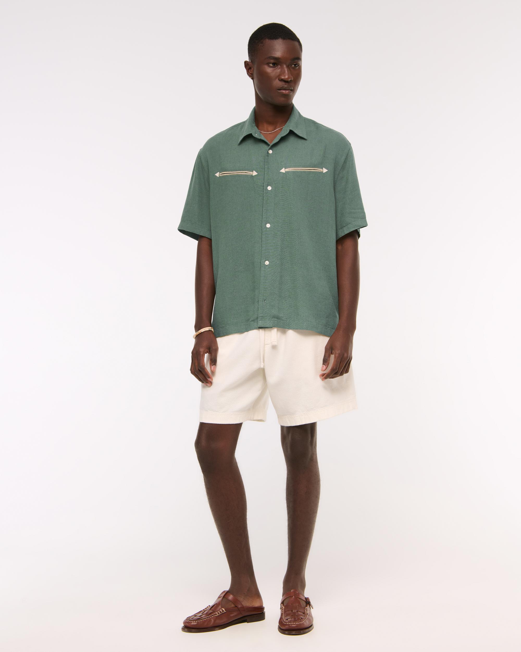 Short-Sleeve Summer Linen-Blend Button-Up Shirt Product Image