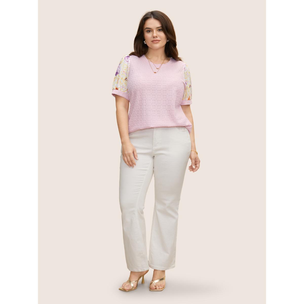 Plus Size Crew Neck Textured Patchwork Floral T-shirt Lightpink Women Elegant Texture Natural Flowers Round Neck Everyday T-shirts BloomChic 10/M Product Image