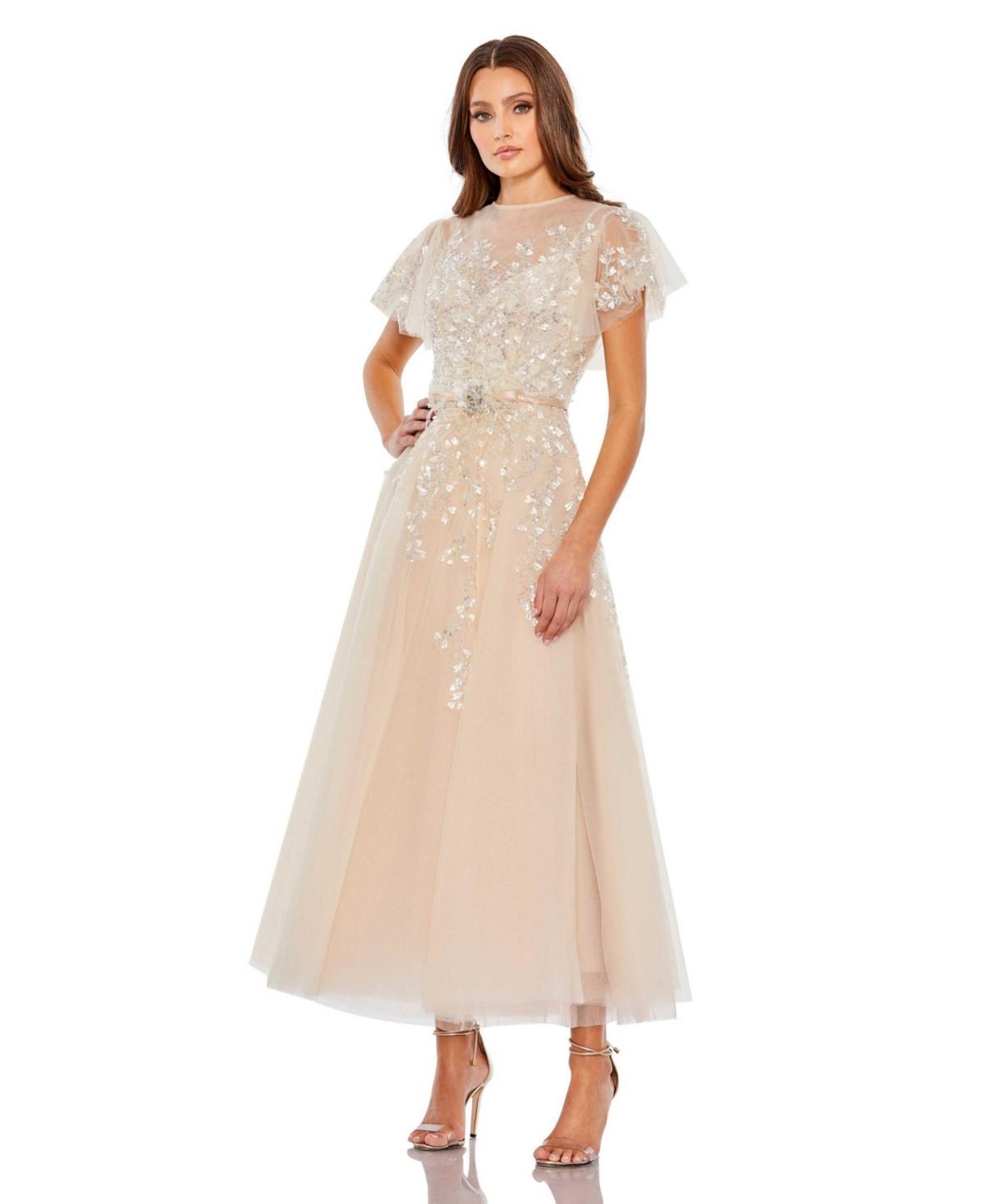 Mac Duggal Short Floral Sleeve Crew Neckline Bow Waist Tulle  A Product Image