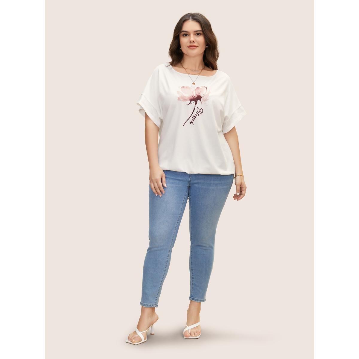 Plus Size Floral Print Boat Neck Dolman Sleeve T-shirt Originalwhite Women Elegant Contrast Natural Flowers Boat Neck Everyday T-shirts BloomChic 22-24/3X Product Image