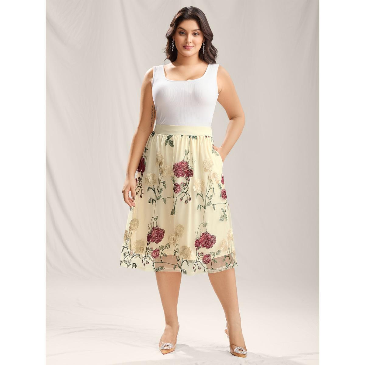 Plus Size Roses Forever Pleated Lined Midi Skirt Women Beige Elegant Gathered Bodycon Low stretch Slanted pocket Everyday-Elegant Skirts BloomChic 12/L Product Image