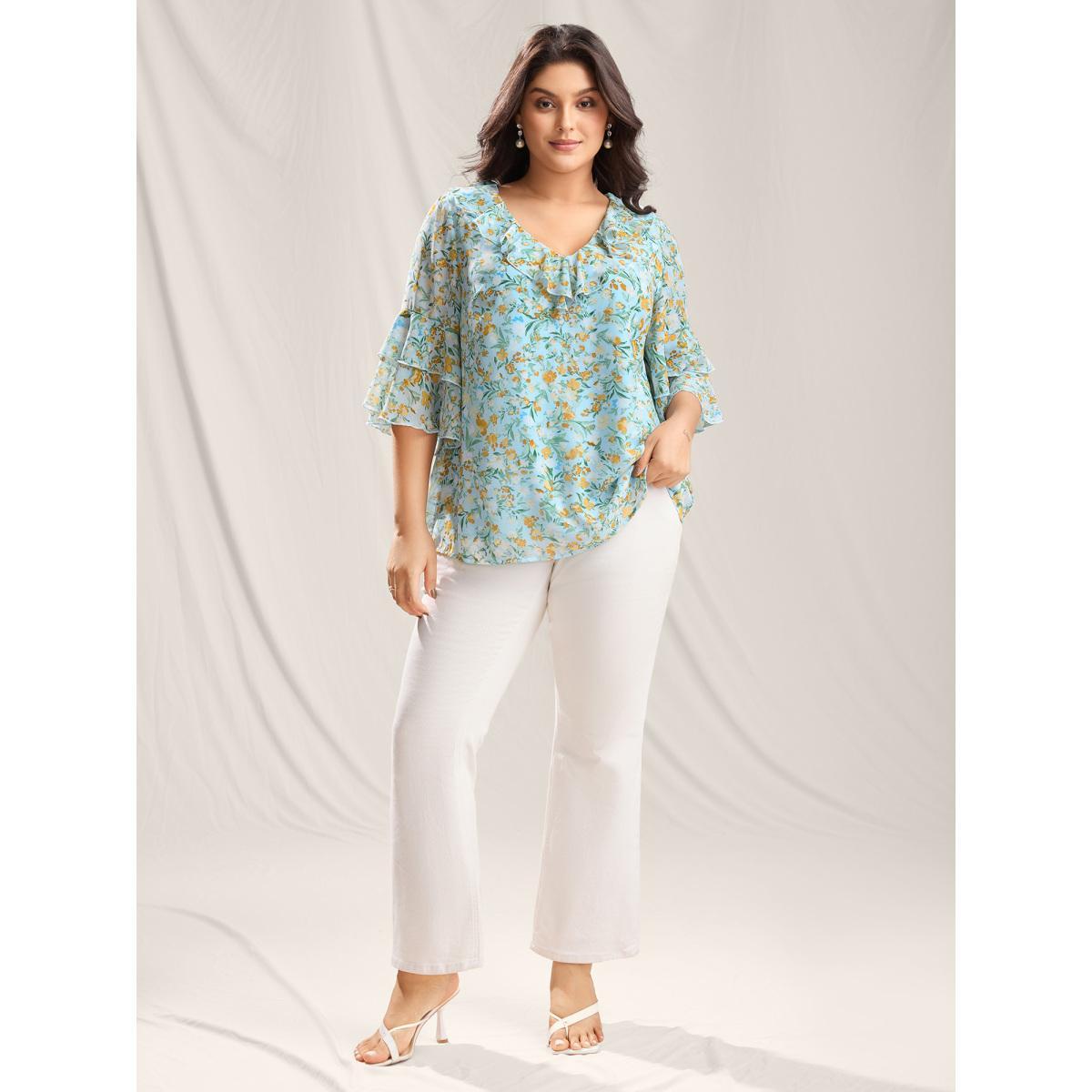Plus Size LightBlue Floral Print Ruffled Layered Sleeve Blouse Women Short sleeve V-neck Everyday-Elegant Blouses BloomChic 28/5X Product Image