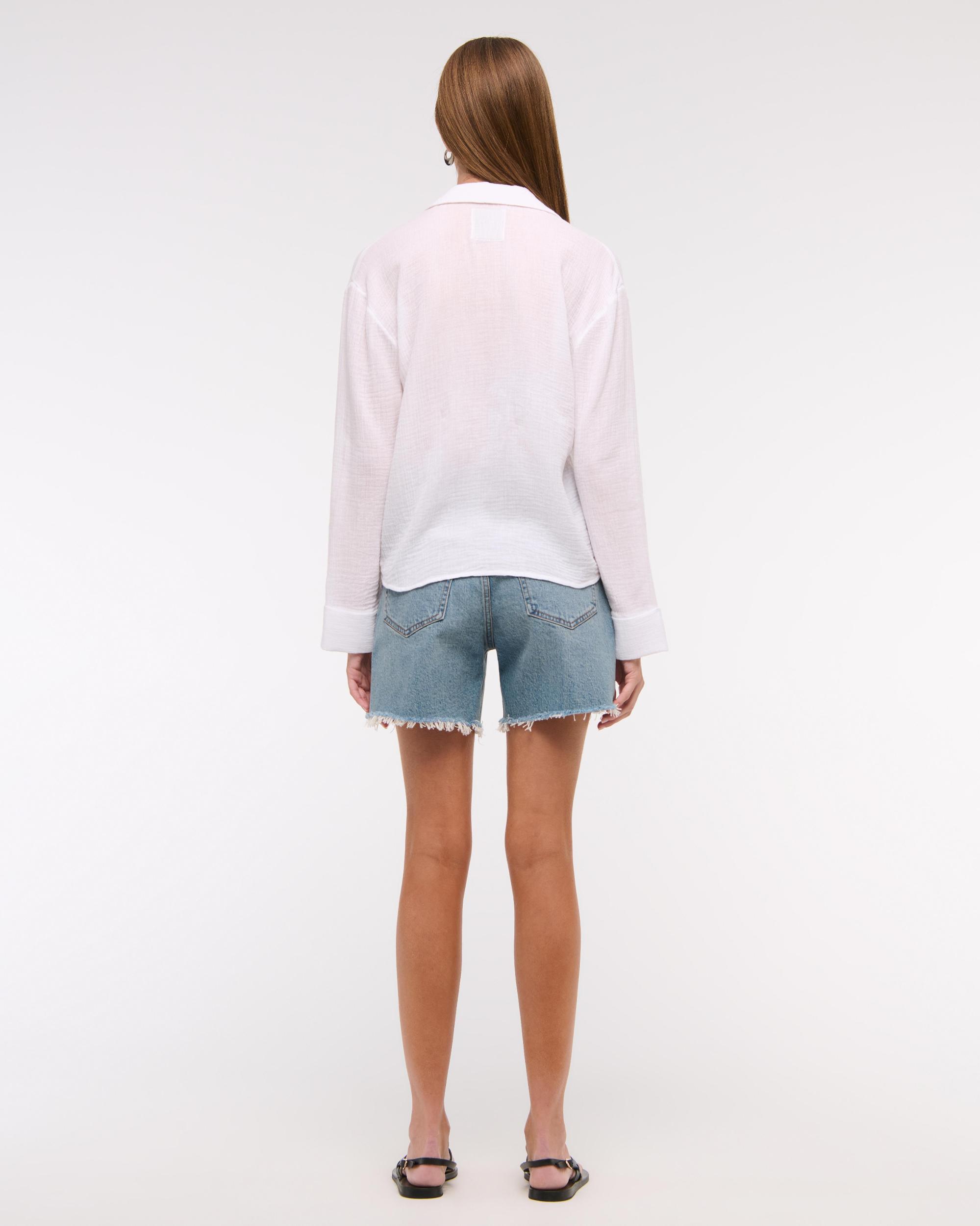Long-Sleeve Oversized Tie-Front Gauzy Shirt Product Image