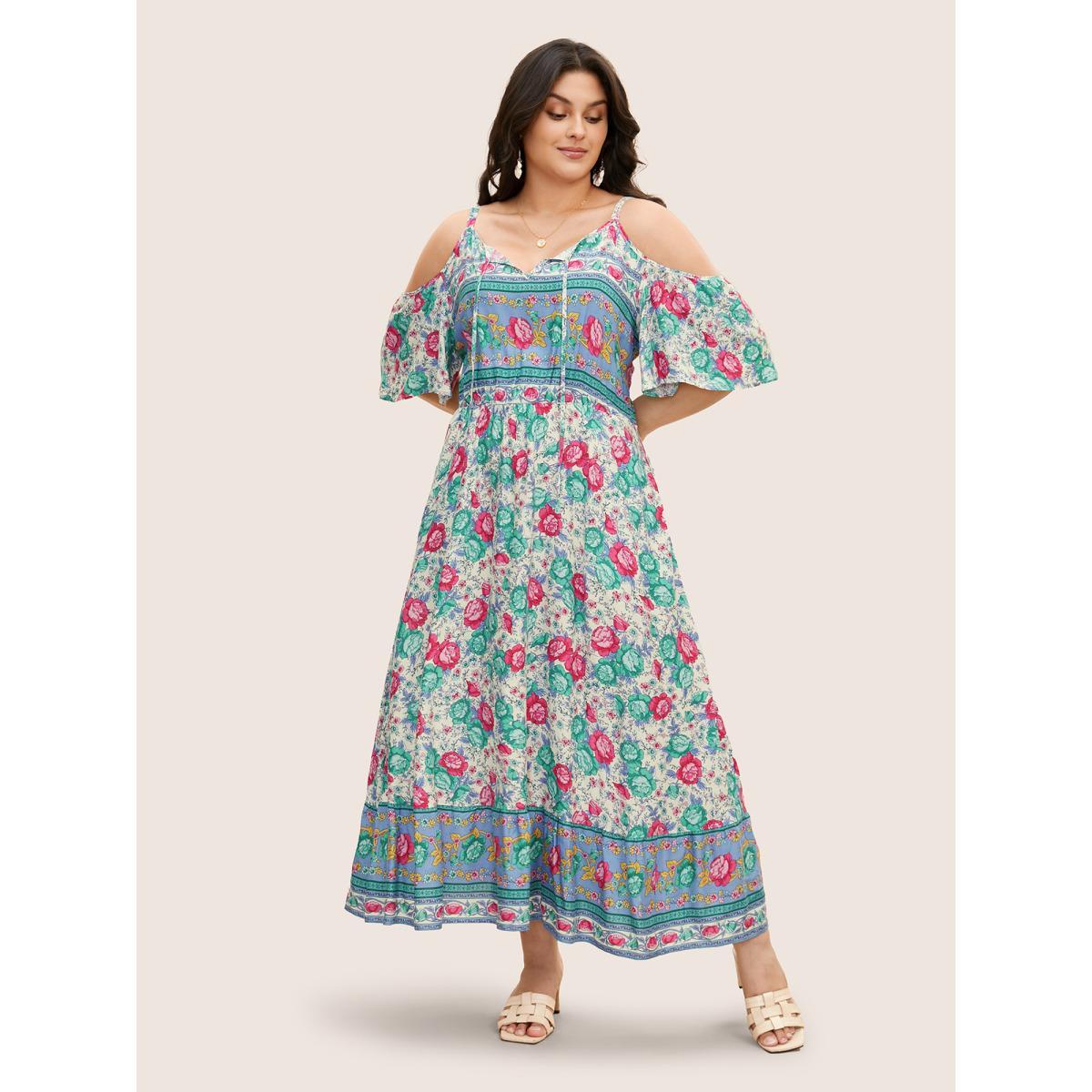 Plus Size Floral Print Pocket Keyhole Ruffles Cold Shoulder Maxi Dress Bluepurple Women Resort Non Non Half Sleeve Curvy Long Dress BloomChic 26/4X Product Image