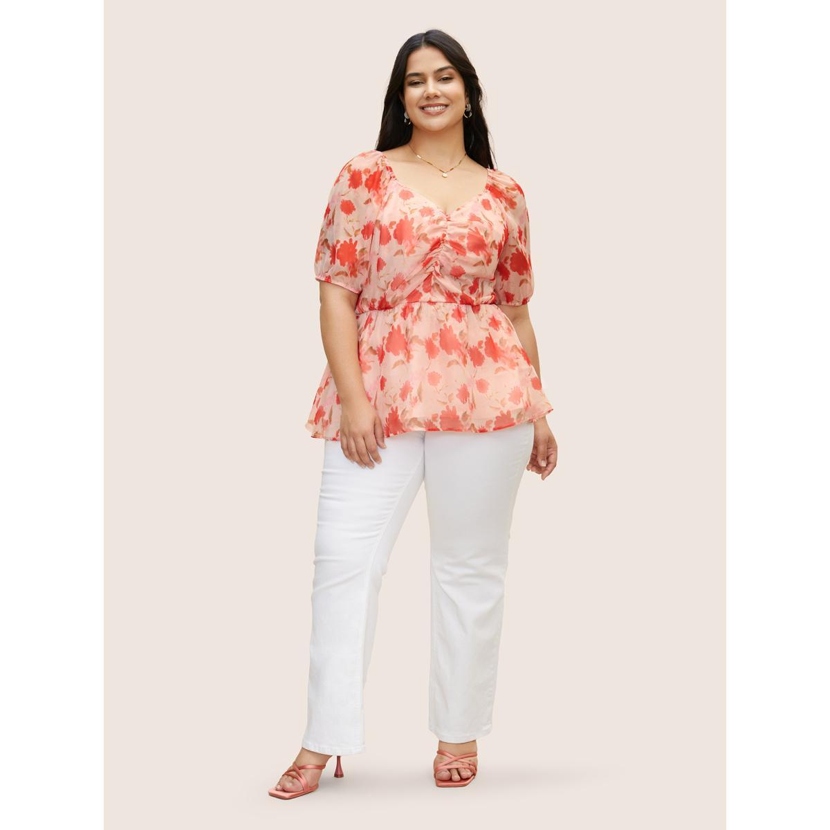 Plus Size Multicolor Floral Elastic Waist Mesh Ruched Blouse Women Elegant Short sleeve Heart neckline Everyday Blouses BloomChic 18-20/2X Product Image