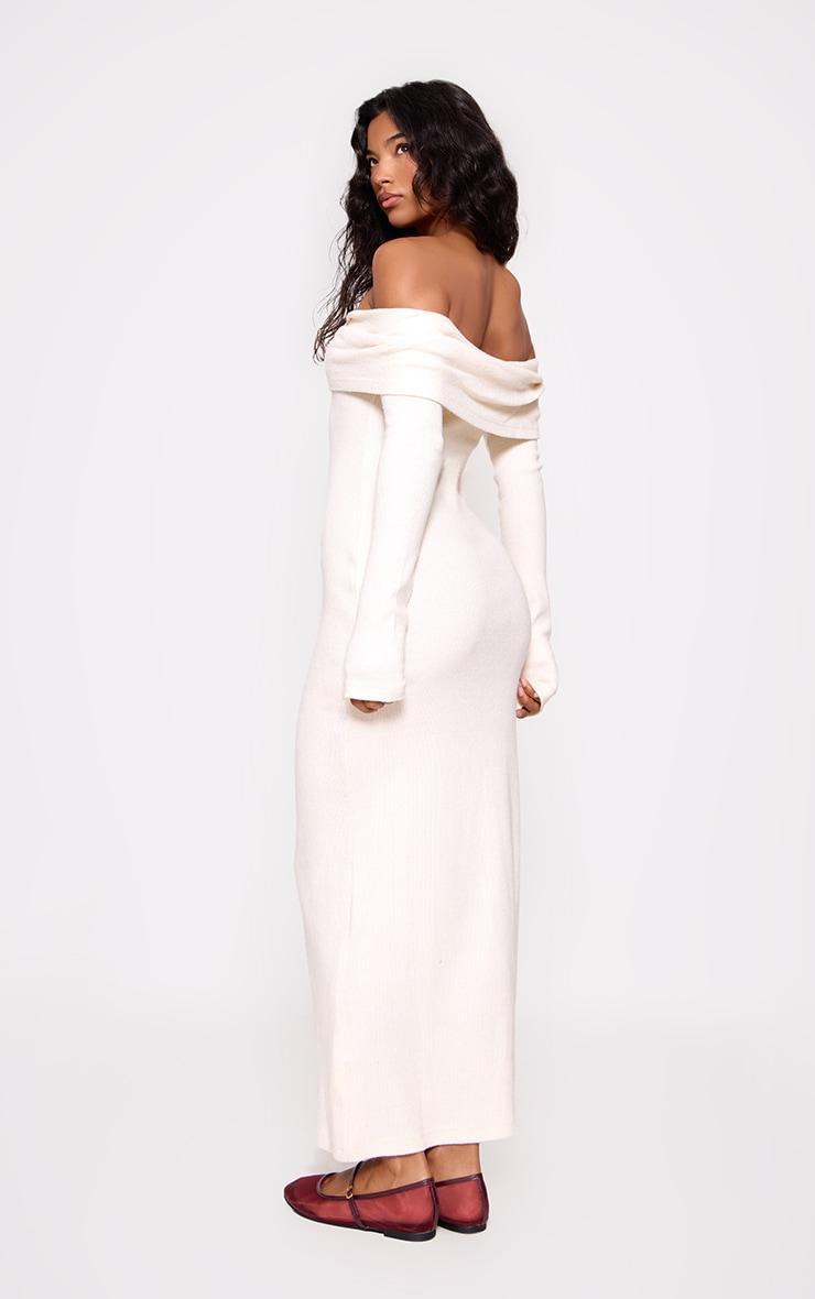 Cream Heavy Brushed Rib Bardot Trim Maxi Dress Product Image