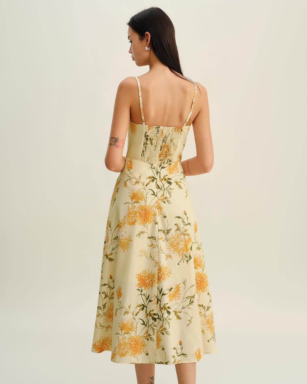 Yellow Floral Shirred Slip Midi Dress Product Image