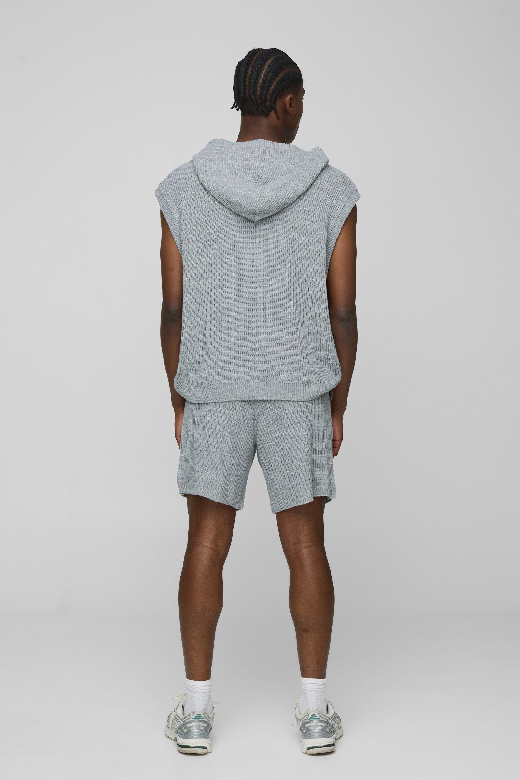 Oversized Fit Ribbed Knitted Zip Through Hoodie and Shorts Set | boohooMAN USA Product Image