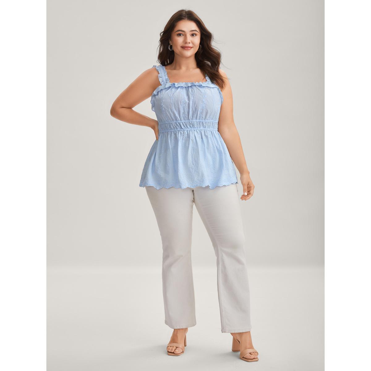 Plus Size Cotton Floral Textured Ruffled Tank Top Women LightBlue Texture Non Everyday-Elegant Tank Tops Camis BloomChic 14-16/1X Product Image