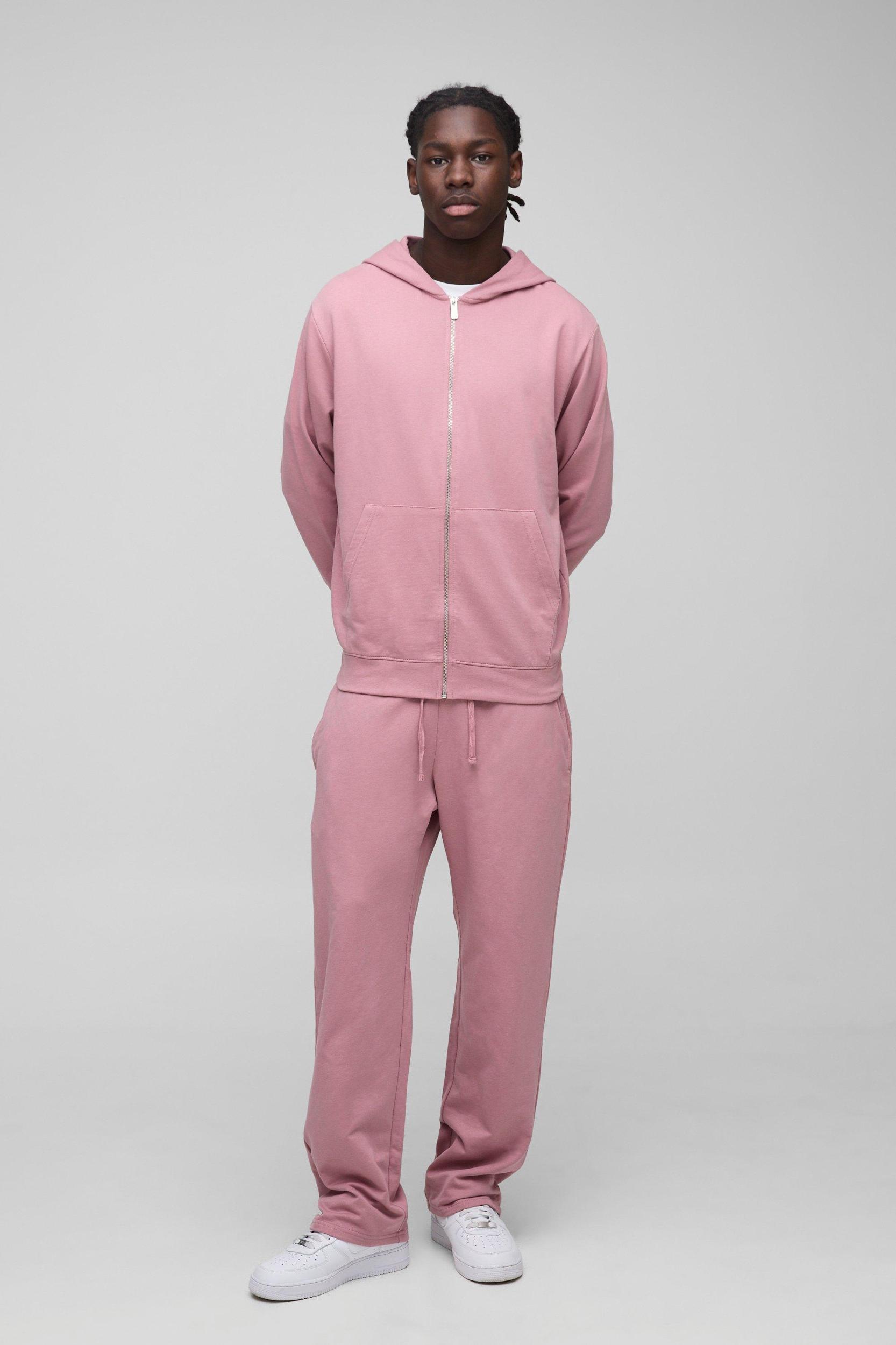 Mens 260GSM Loopback Basic Regular Fit Zip Through Hoodie and Straight Leg Sweatpants Set - Pink Product Image