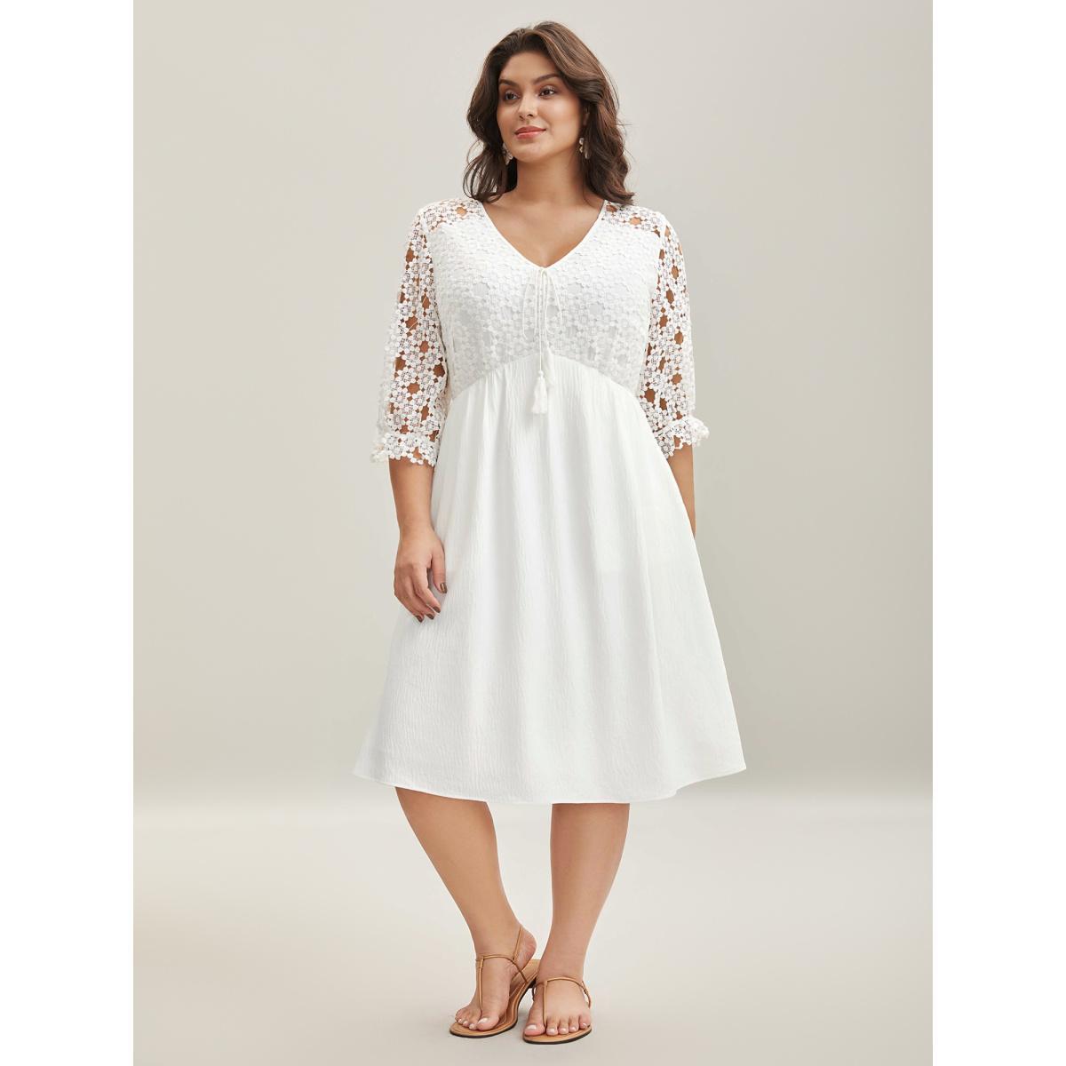 Plus Size Sheer Lace Sleeve Pockets Flowy Midi Dress Ivory Women V-neck Elbow-length sleeve Curvy BloomChic 28/5X Product Image