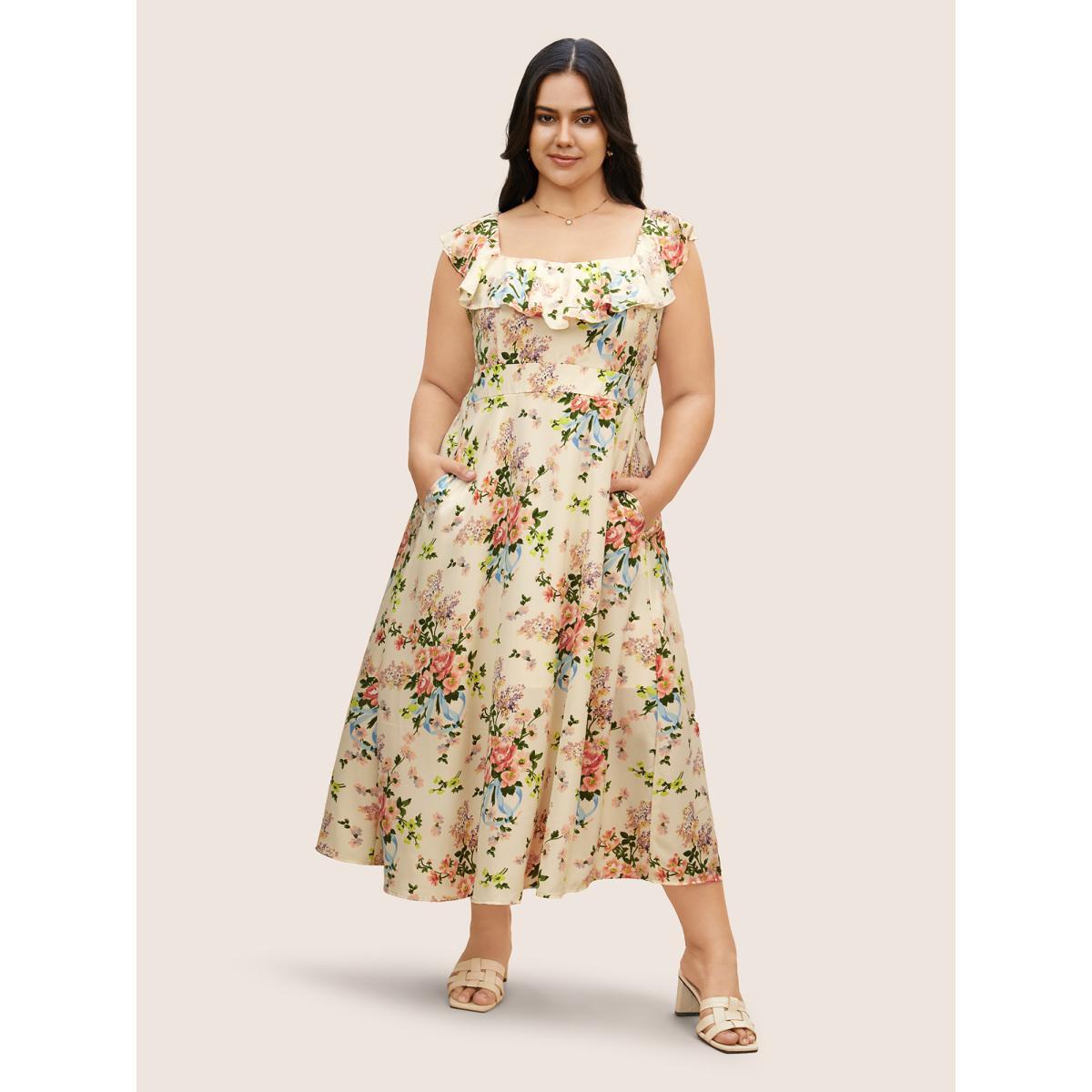 Plus Size Square Neck Floral Ruffle Trim Dress Beige Women Elegant Ruffles Square Neck Sleeveless Curvy BloomChic 10/M Product Image