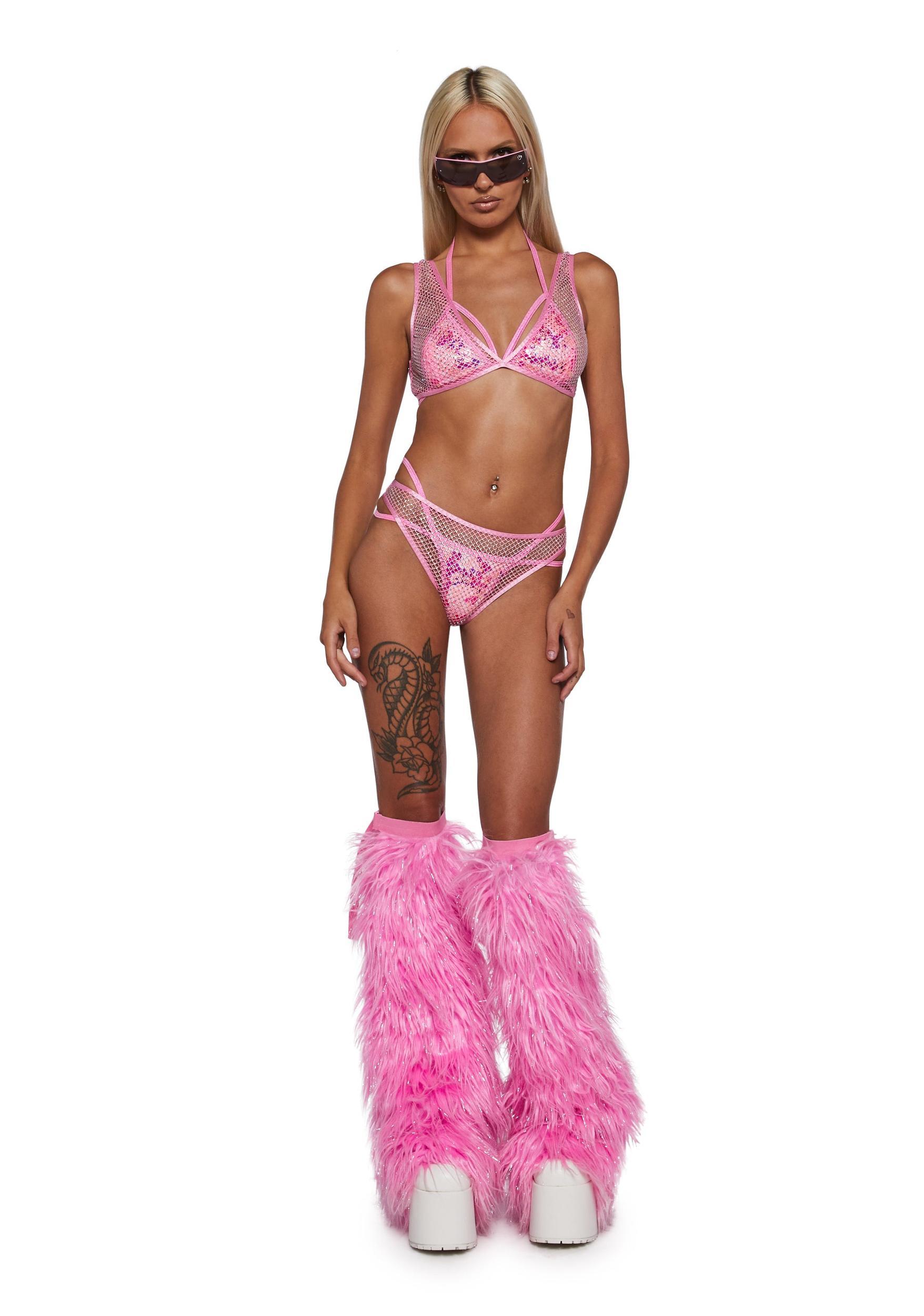 Womens Sexy Rhinestone Bralette Hot Pants Shorts Set - Pink Product Image